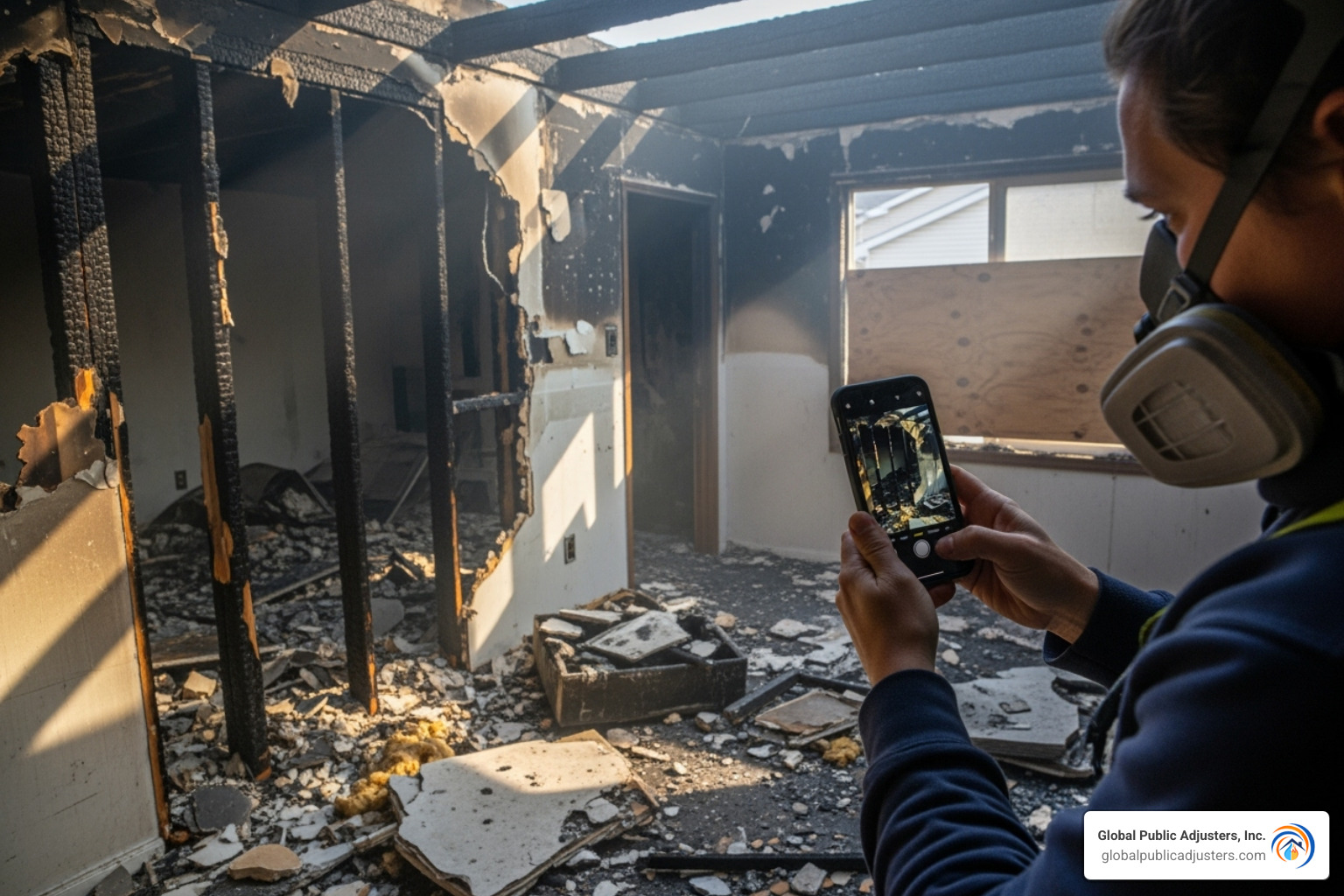 image of a person taking detailed photos of fire damage inside a home on their smartphone - fire damage insurance claim help