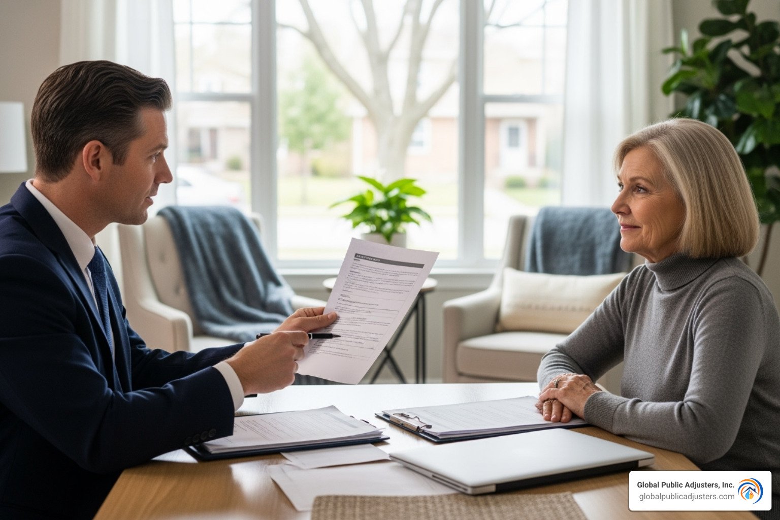 image of a public adjuster confidently reviewing documents with a homeowner - fire damage insurance claim help