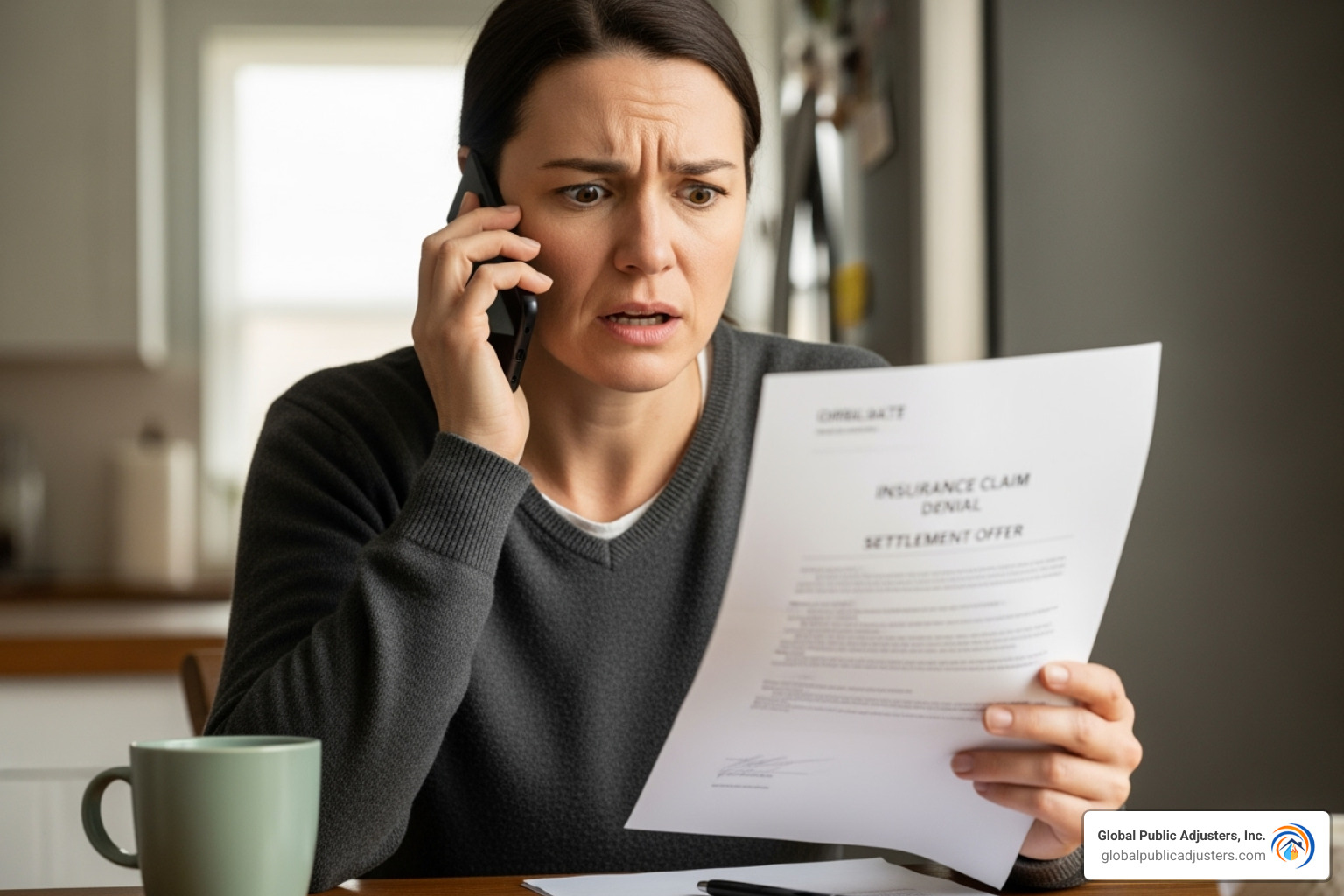 image of a frustrated person on the phone holding an insurance denial letter - fire damage insurance claim help