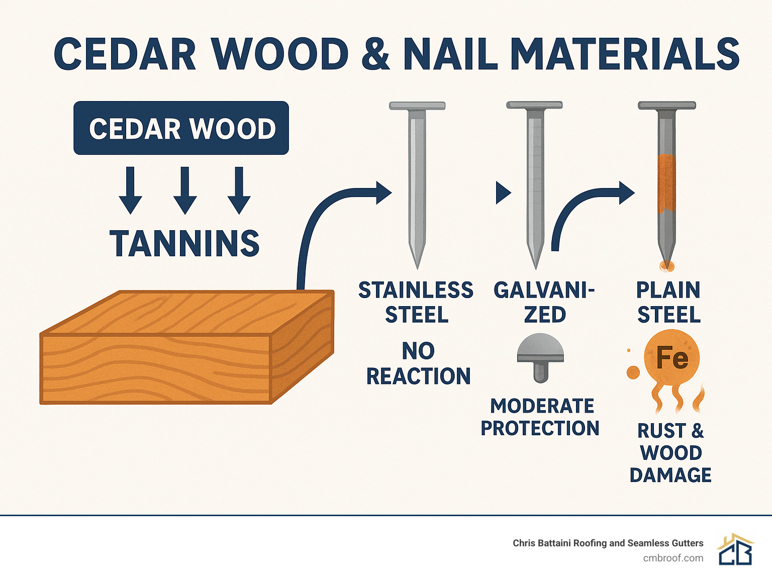 Infographic showing cedar wood structure with tannins, arrows pointing to different nail materials (stainless steel showing no reaction, galvanized showing moderate protection, plain steel showing rust streaks and wood degradation), with chemical symbols and visual representations of corrosion damage - can you use roofing nails for cedar shakes infographic 