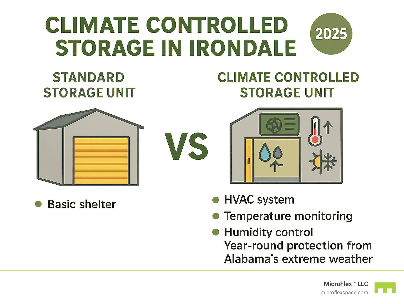 Infographic comparing standard storage units with basic shelter versus climate controlled storage units featuring HVAC systems, temperature monitoring, humidity control, and year-round protection from Alabama's extreme weather conditions Infographic comparing standard storage units with basic shelter versus climate controlled storage units featuring HVAC systems, temperature monitoring, humidity control, and year-round protection from Alabama's extreme weather conditions