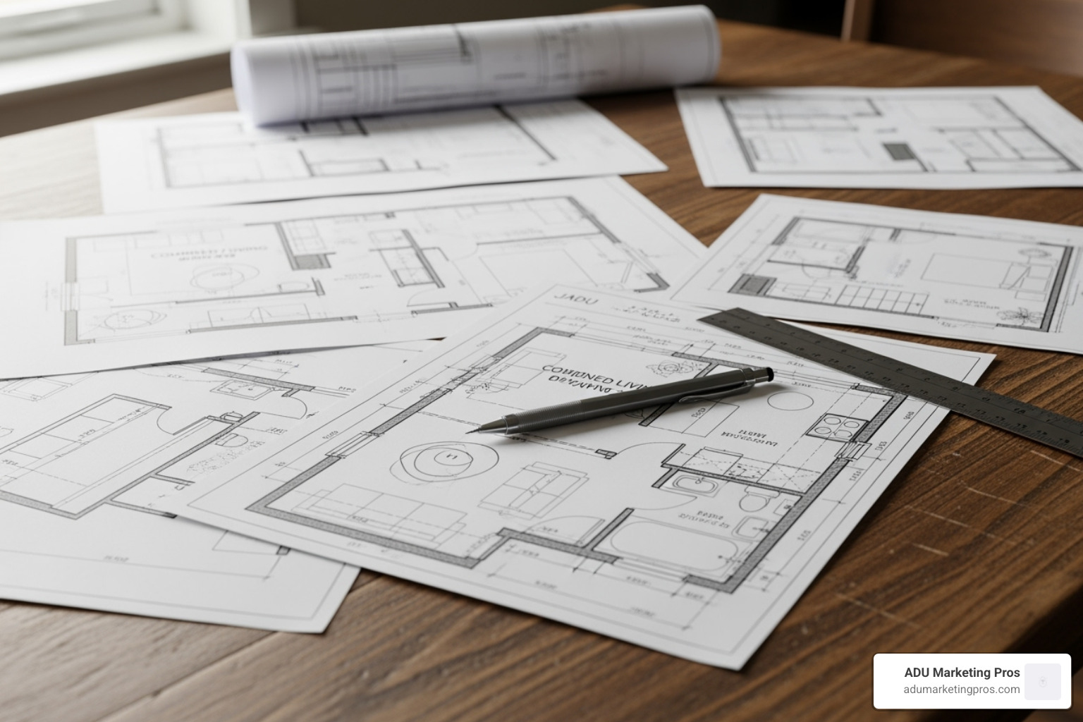 A set of architectural blueprints for a JADU project laid out on a drafting table with design tools.