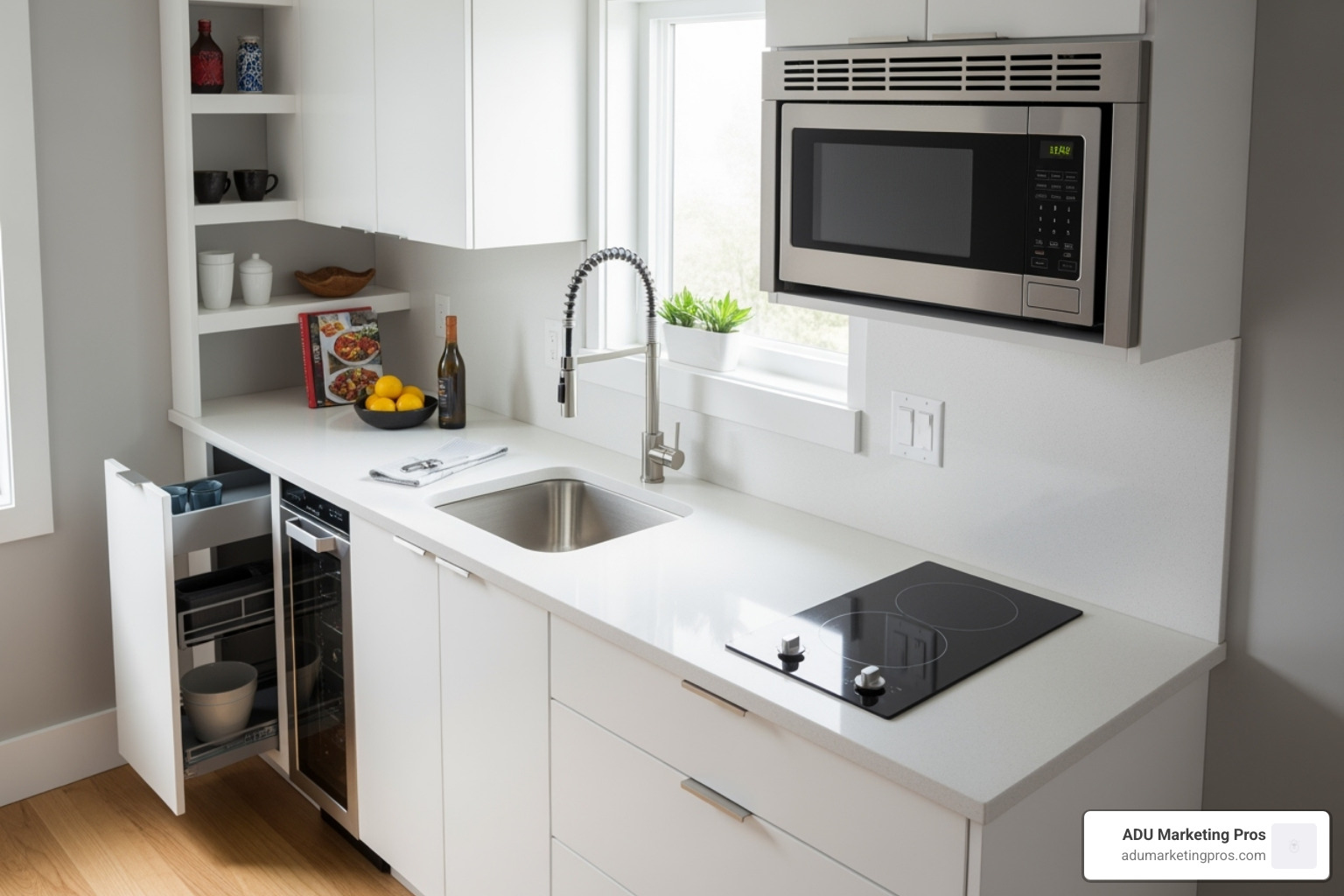 A compact and modern efficiency kitchen in a JADU, featuring a small sink, microwave, and electric cooktop.