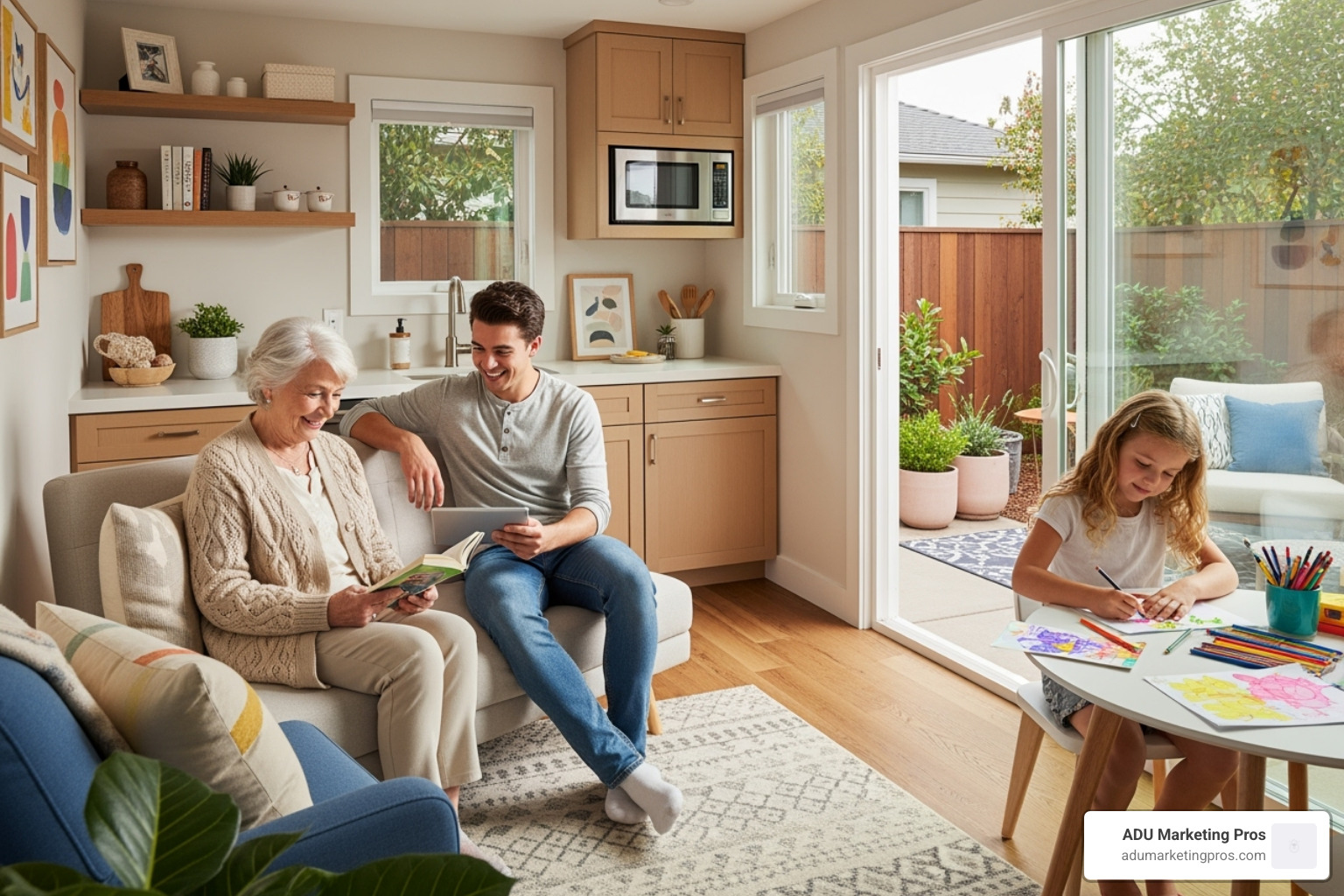 A happy family in their backyard, with the separate entrance to their JADU visible, illustrating its use for multi-generational living.