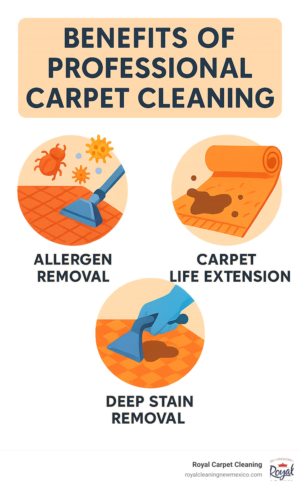 Infographic showing three key benefits of professional carpet cleaning: allergen removal up to 98%, deep stain elimination that vacuuming cannot achieve, and carpet life extension through removal of abrasive dirt particles that wear down fibers - carpet cleaning service albuquerque nm infographic 