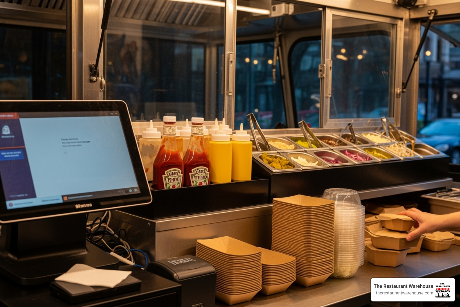 of a food truck service window with a POS system, condiment station, and stacked takeaway containers - food truck appliances