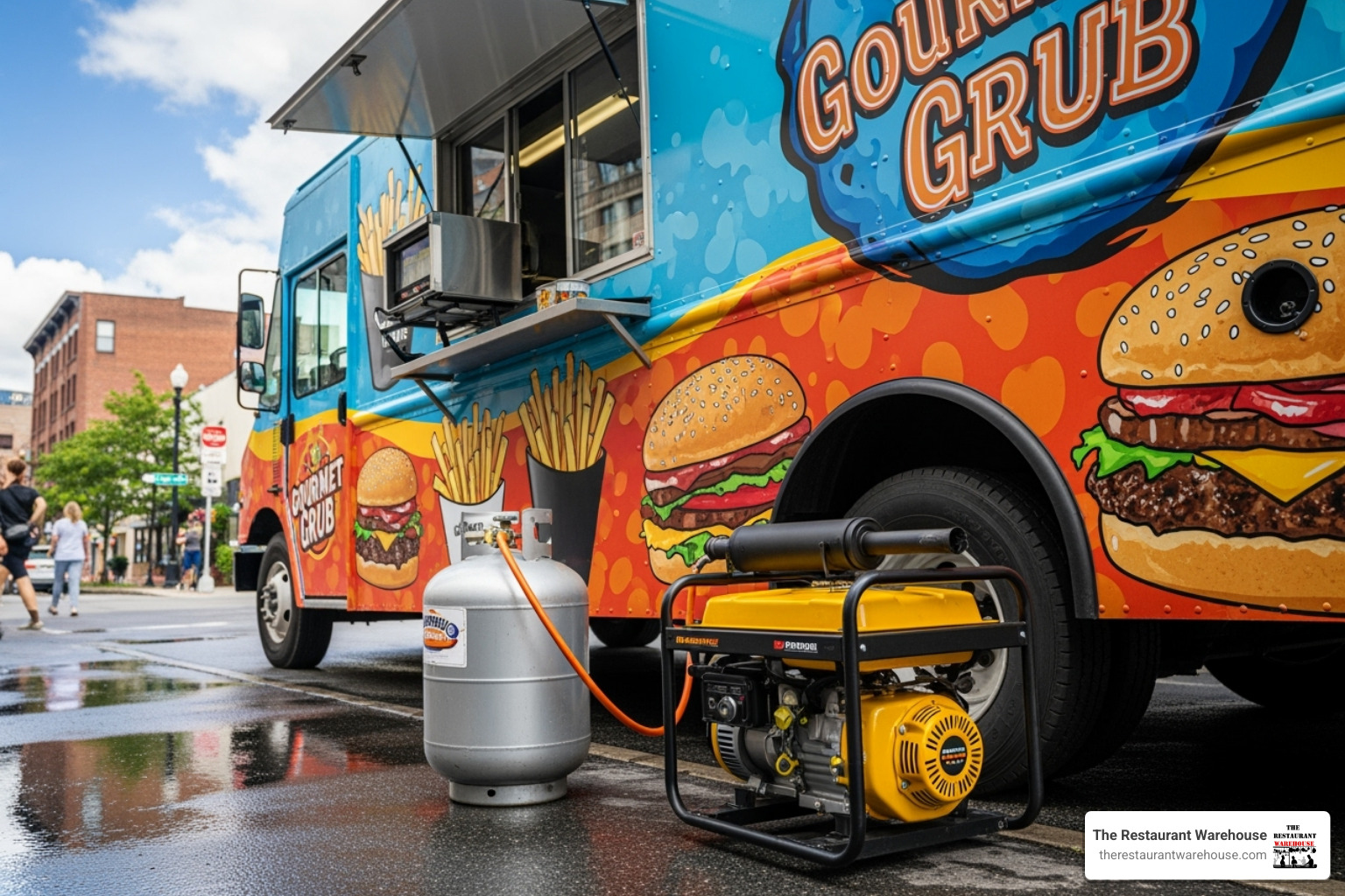 of a food truck's exterior showing generator and propane tank setup - food truck appliances