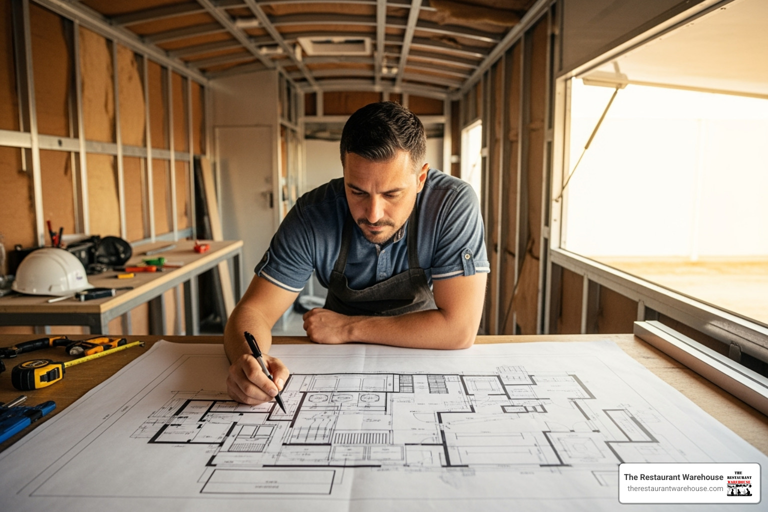 of a food truck owner reviewing a layout plan - food truck appliances