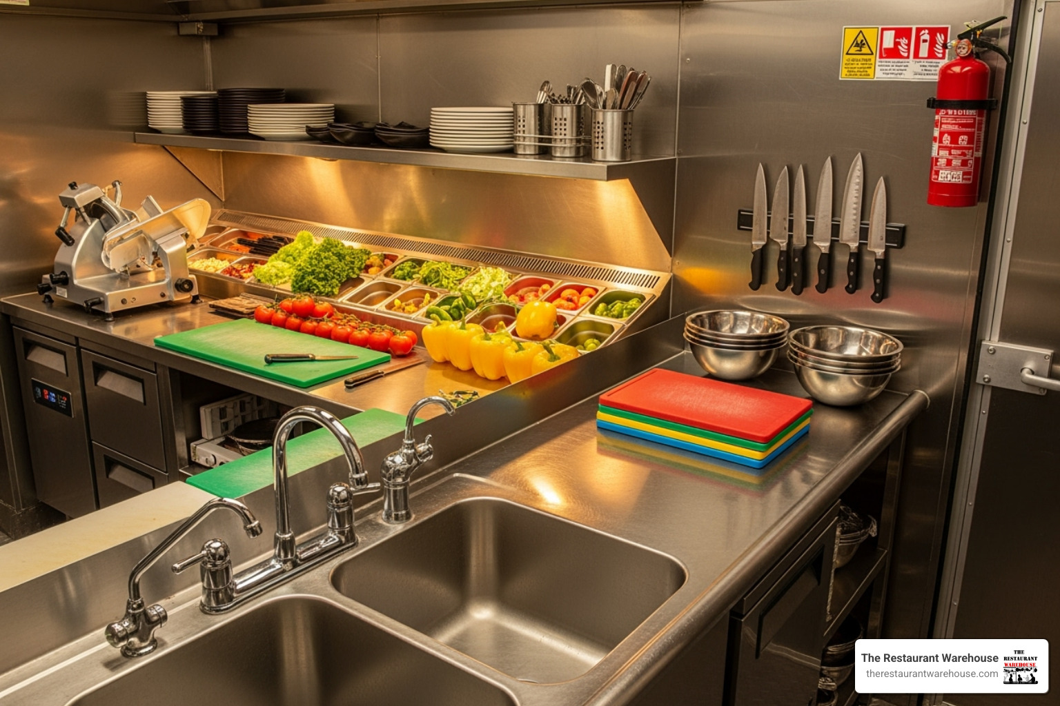 of a clean, organized food truck prep area with stainless steel tables and a 3-compartment sink - food truck appliances
