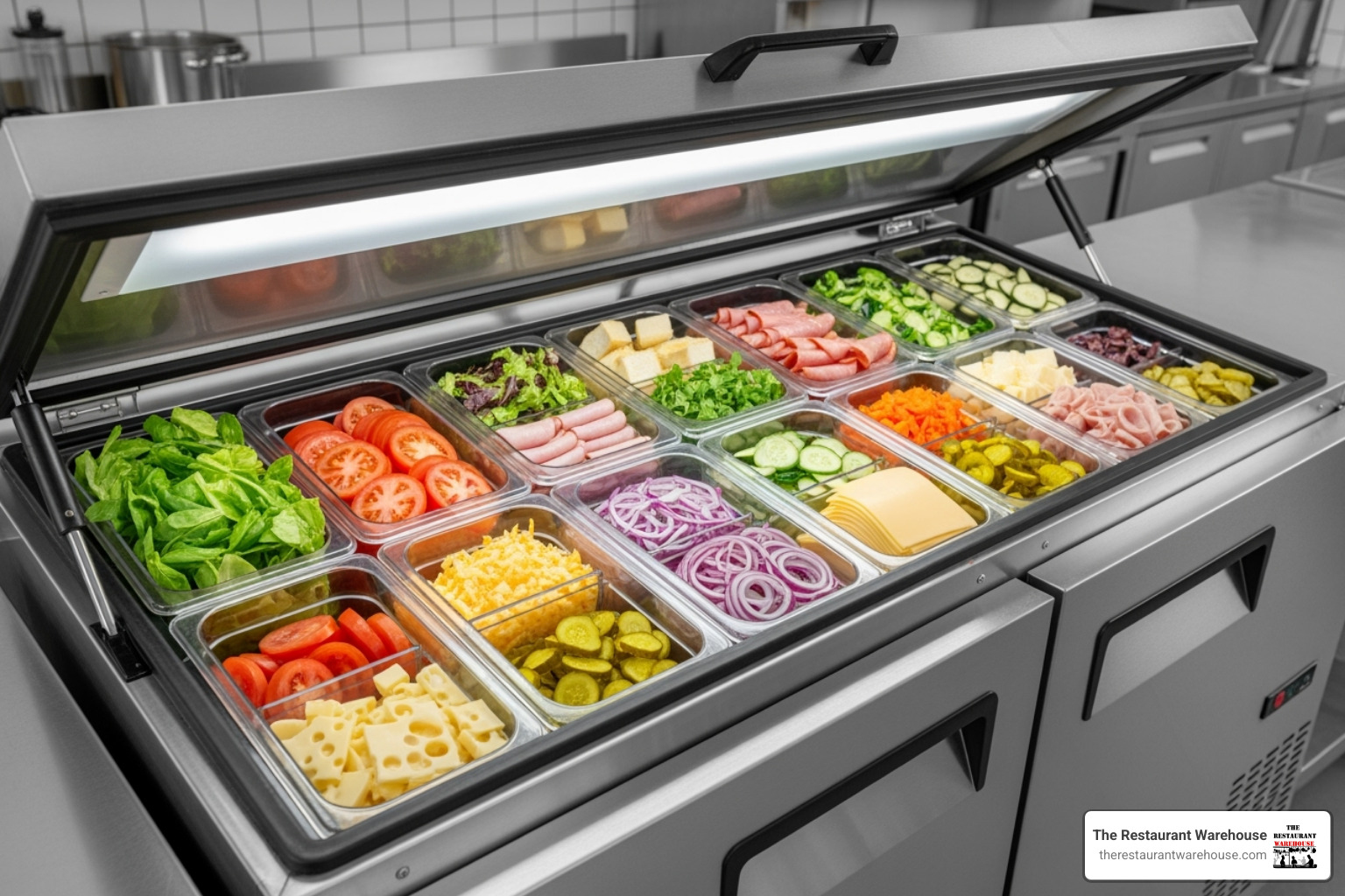 of a stainless steel sandwich prep refrigerator, open to show organized ingredient bins - food truck appliances