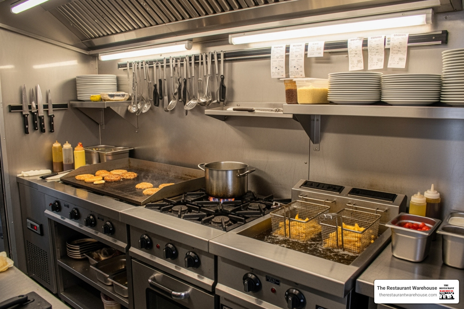 of a compact food truck cooking line with a griddle, fryer, and range working in harmony - food truck appliances