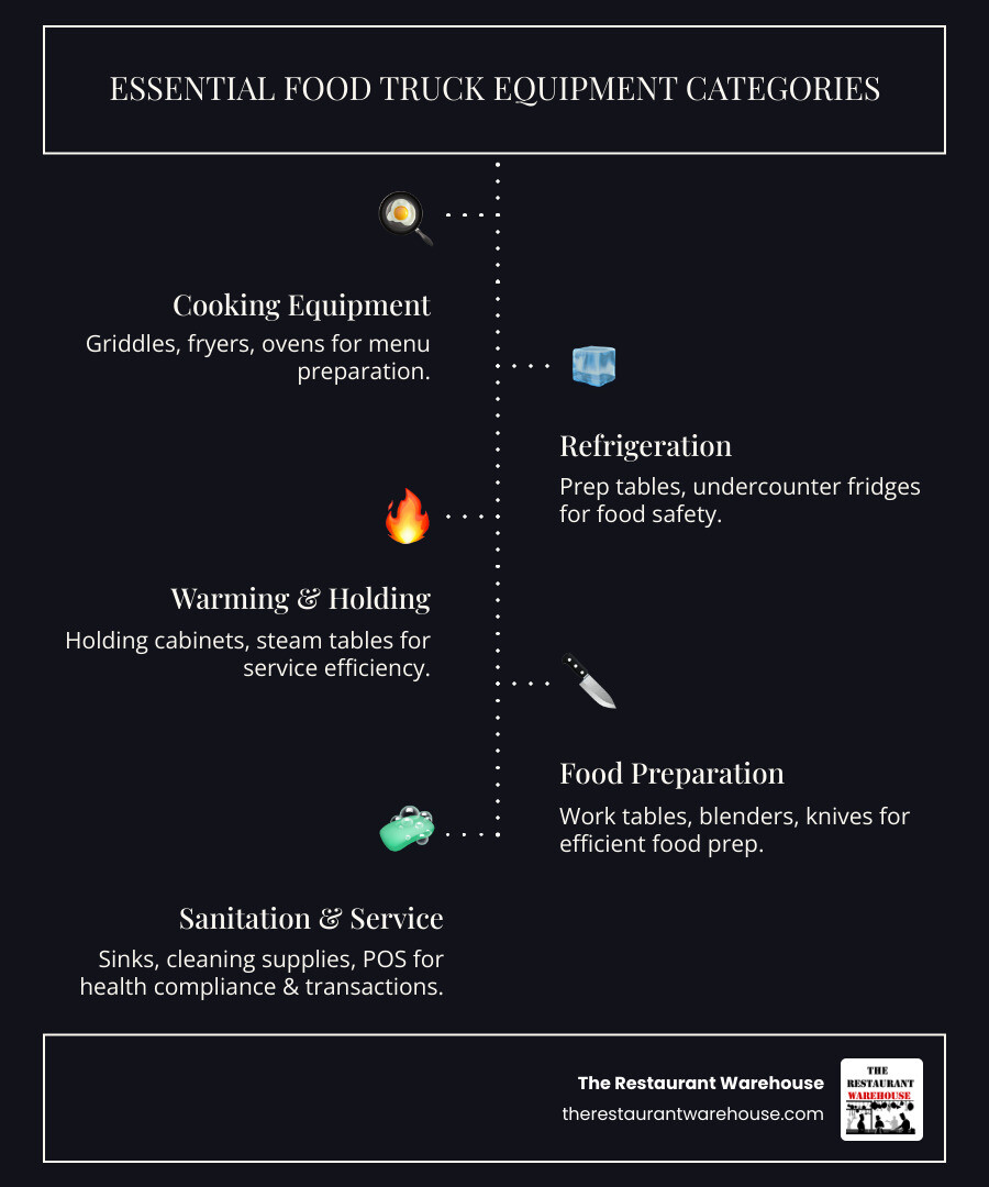 Essential Food Truck Equipment Categories: Cooking appliances including griddles and fryers for menu preparation, refrigeration units like prep tables and undercounter fridges for food safety, warming equipment such as holding cabinets for service efficiency, preparation tools including work tables and sinks for food prep, sanitation equipment like 3-compartment sinks for health compliance, and service supplies including POS systems and disposables for customer transactions - food truck appliances infographic infographic-line-5-steps-dark