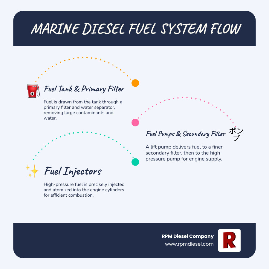 Comprehensive infographic showing the complete marine diesel fuel system flow from fuel tank through primary and secondary filters, water separators, fuel pumps, and finally to fuel injectors, with maintenance points and service intervals clearly marked at each component - Diesel fuel system service infographic infographic-line-3-steps-blues-accent_colors