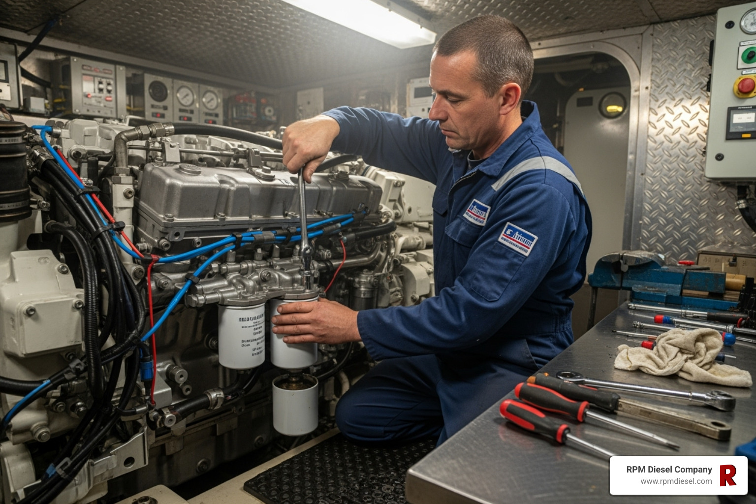 technician servicing a marine fuel filter - Diesel fuel system service
