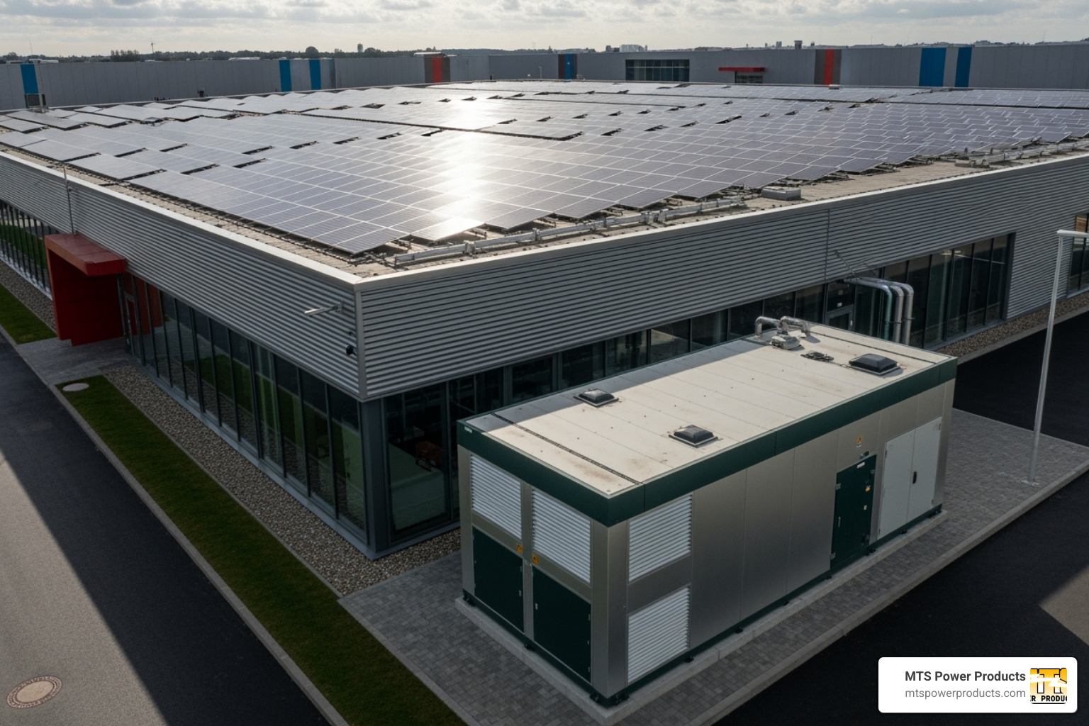 commercial building with solar panels and a battery storage unit - commercial power solutions