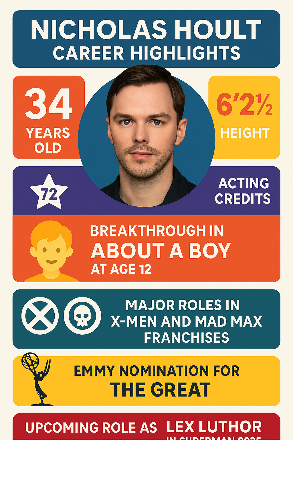 Infographic showing Nicholas Hoult's career highlights: 34 years old, 6'2.5" height, 72 acting credits, breakthrough in About a Boy at age 12, major roles in X-Men and Mad Max franchises, Emmy nomination for The Great, upcoming role as Lex Luthor in Superman 2025 -  nicholas hoult infographic 
