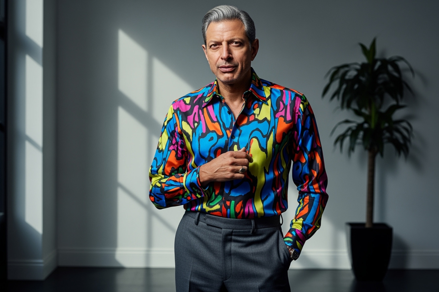 Jeff Goldblum in a signature high-fashion outfit, like a colorful Prada shirt - jeff goldblum