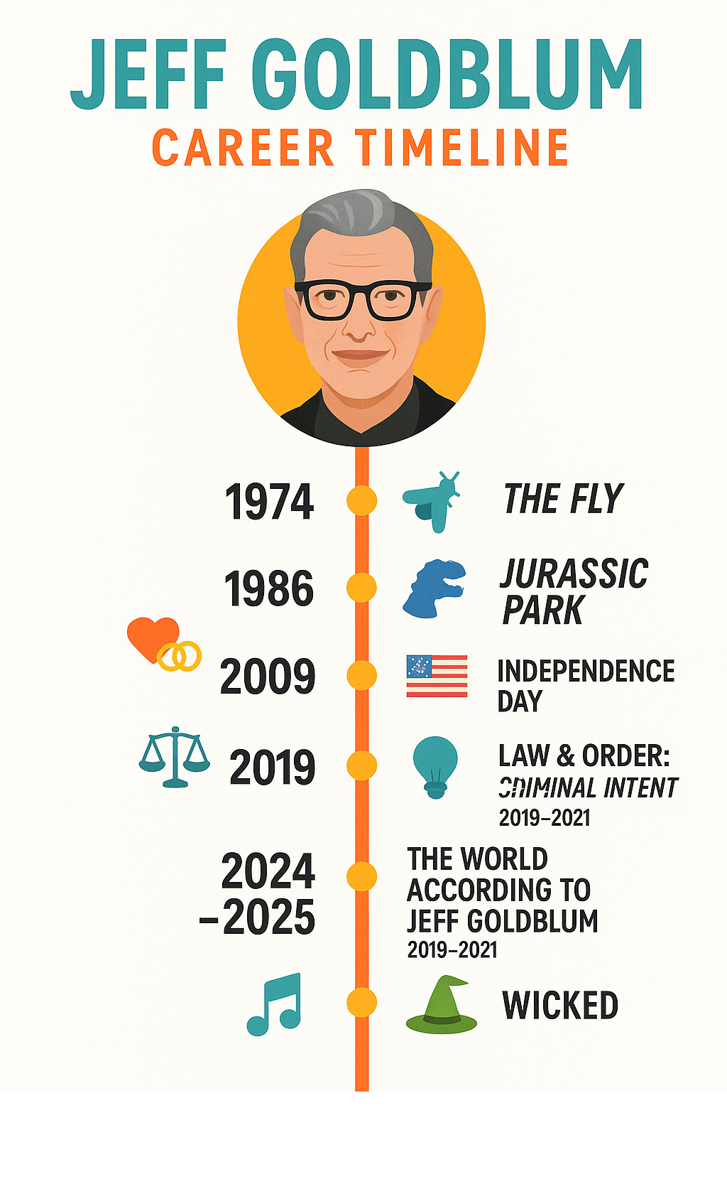 Infographic showing Jeff Goldblum's career timeline from 1974 debut in Death Wish through major milestones including The Fly 1986, Jurassic Park 1993, Independence Day 1996, Law & Order Criminal Intent 2009-2011, The World According to Jeff Goldblum 2019-2021, and upcoming Wicked films 2024-2025, with icons representing his music career and personal life milestones - jeff goldblum infographic 