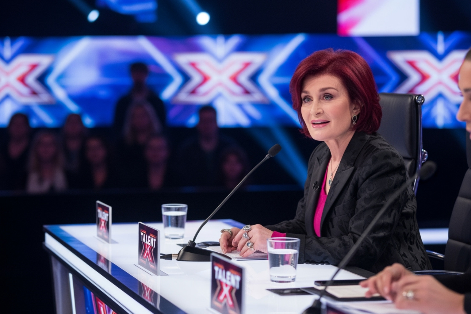 Sharon Osbourne on a talent show panel, looking engaged and offering commentary - sharon osbourne