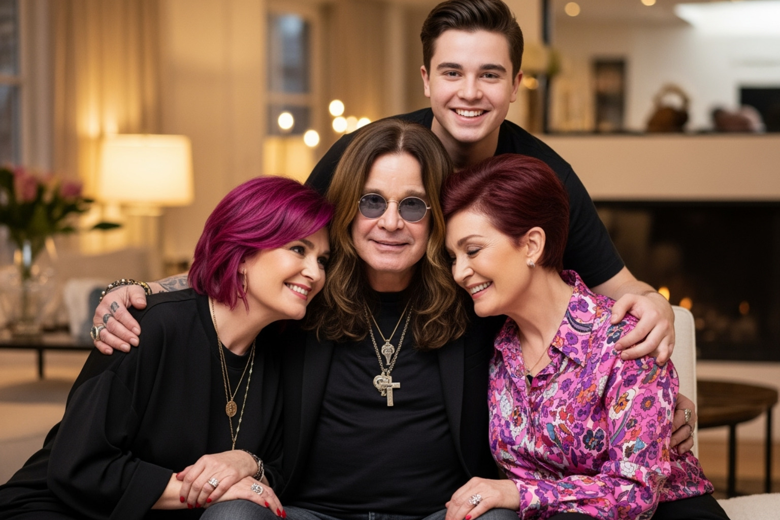 The Osbourne family together, smiling and embracing each other - sharon osbourne
