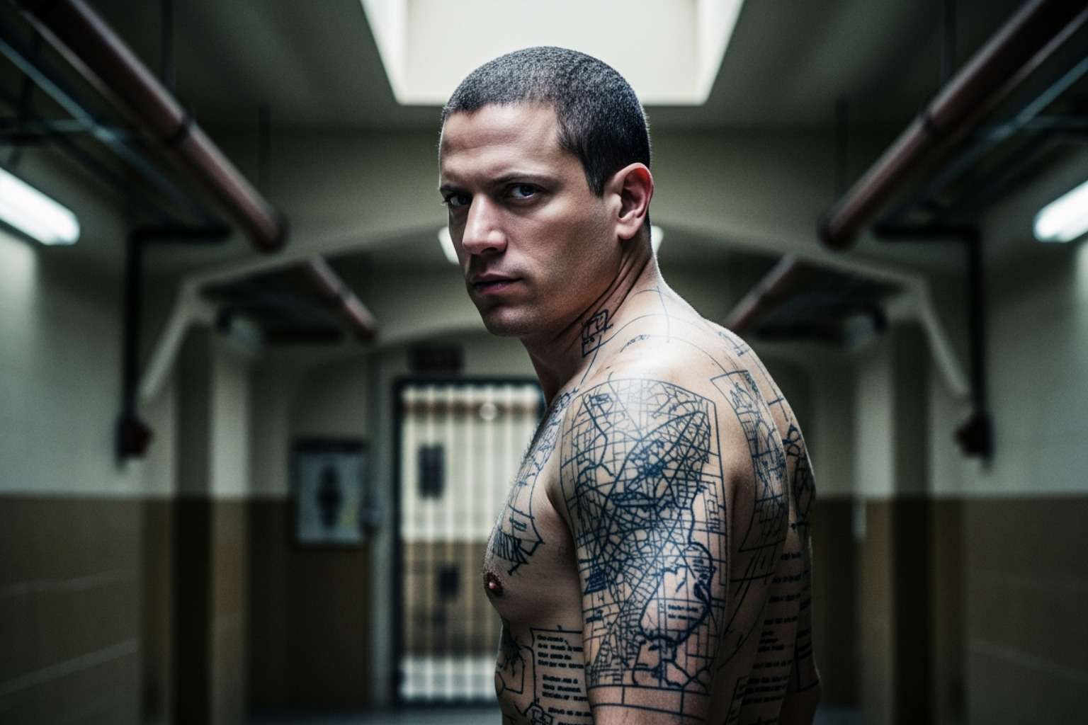 Wentworth Miller as Michael Scofield with iconic tattoos from Prison Break - wentworth miller