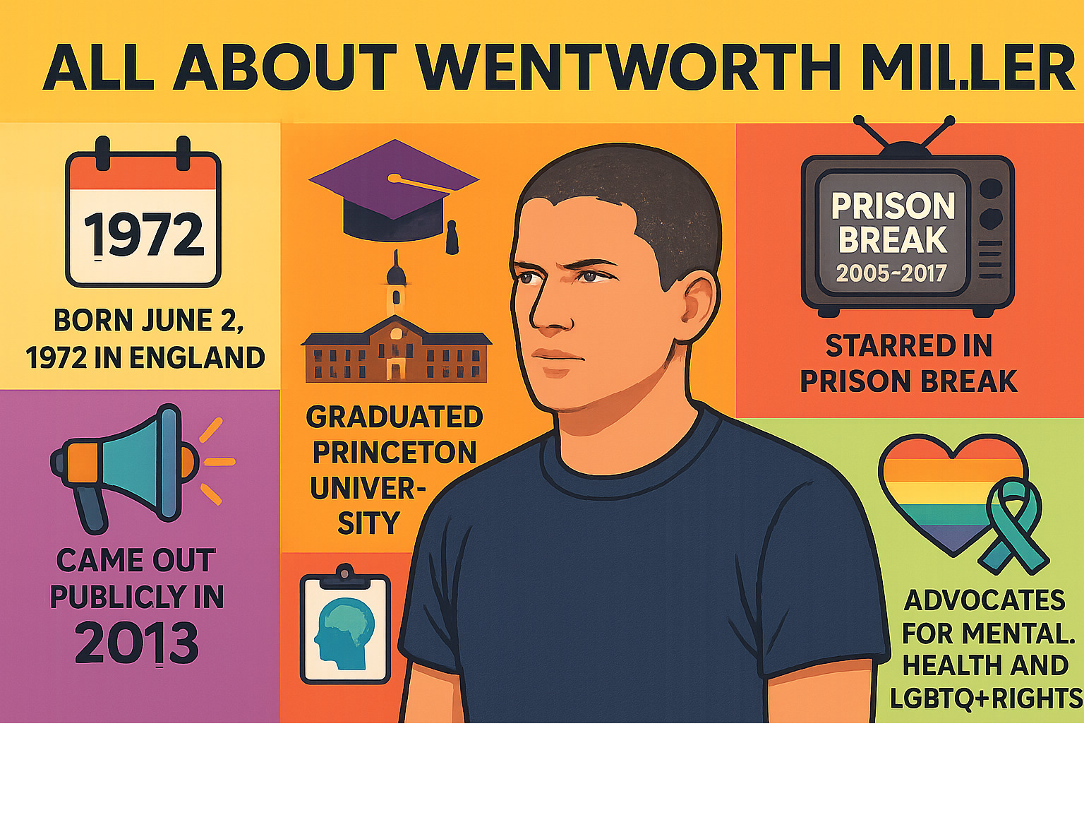 Infographic showing Wentworth Miller's key life milestones: Born June 2, 1972 in England, graduated Princeton University, starred in Prison Break 2005-2017, came out publicly in 2013, diagnosed with autism in 2021, advocates for mental health and LGBTQ+ rights - wentworth miller infographic 