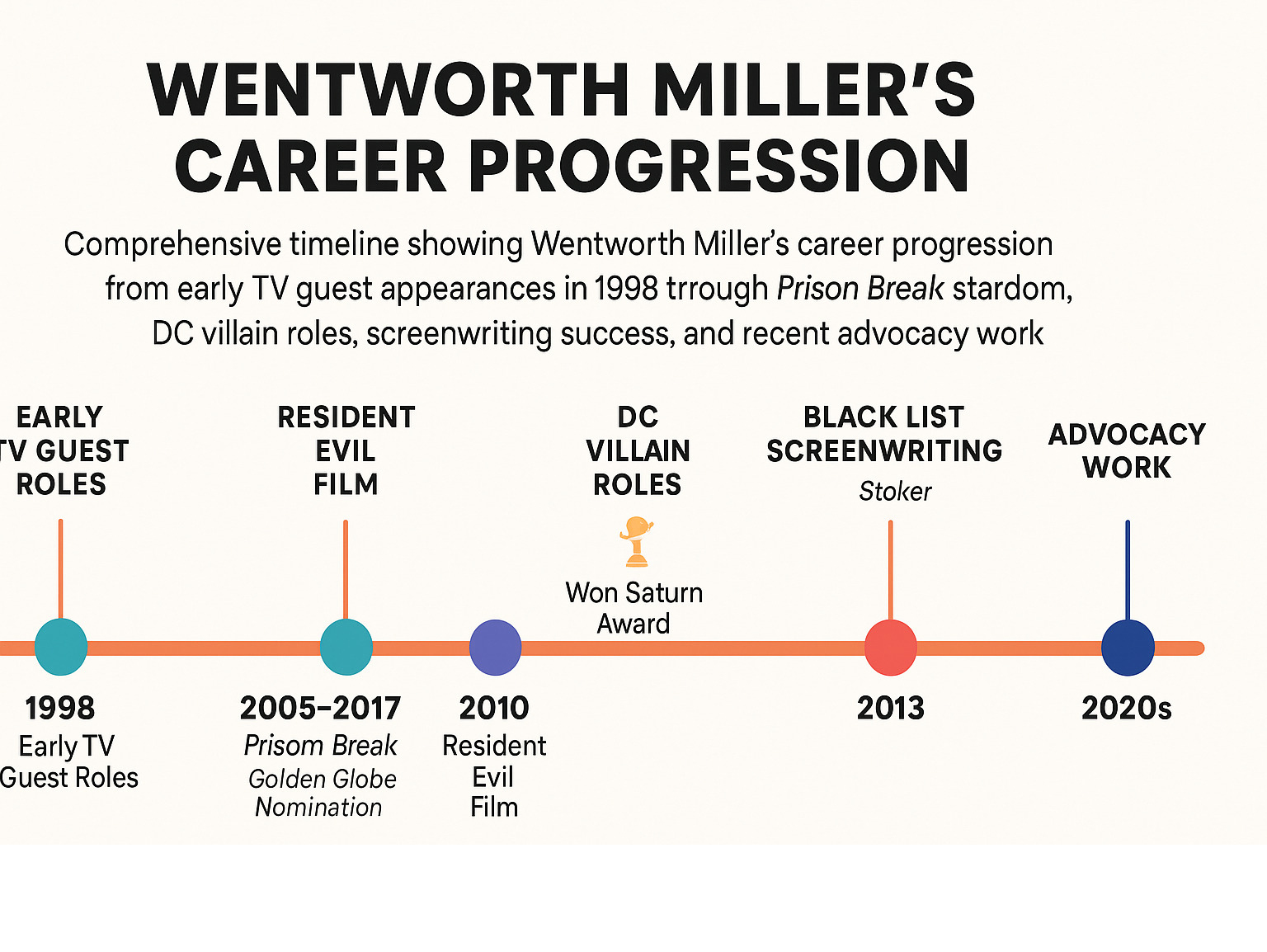 Comprehensive timeline showing Wentworth Miller's career progression from early TV guest appearances in 1998 through Prison Break stardom, DC villain roles, screenwriting success, and recent advocacy work, with key milestones and awards marked - wentworth miller movies and tv shows infographic 
