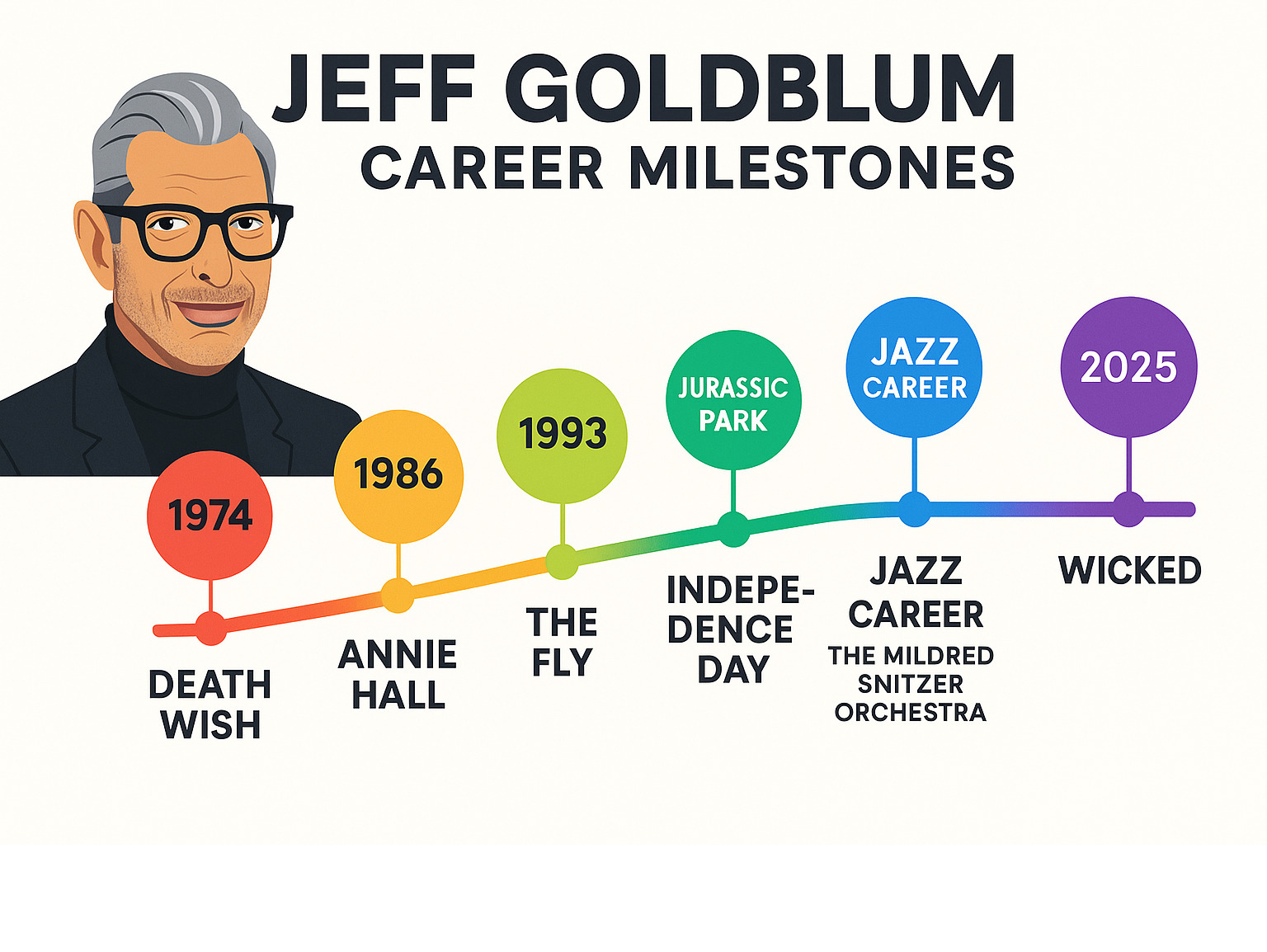 Timeline infographic showing Jeff Goldblum's career milestones from 1974 Death Wish debut through 2025 Wicked release, including major films like Annie Hall 1977, The Fly 1986, Jurassic Park 1993, Independence Day 1996, and his jazz career with The Mildred Snitzer Orchestra starting 2018 - jeff goldblum infographic 