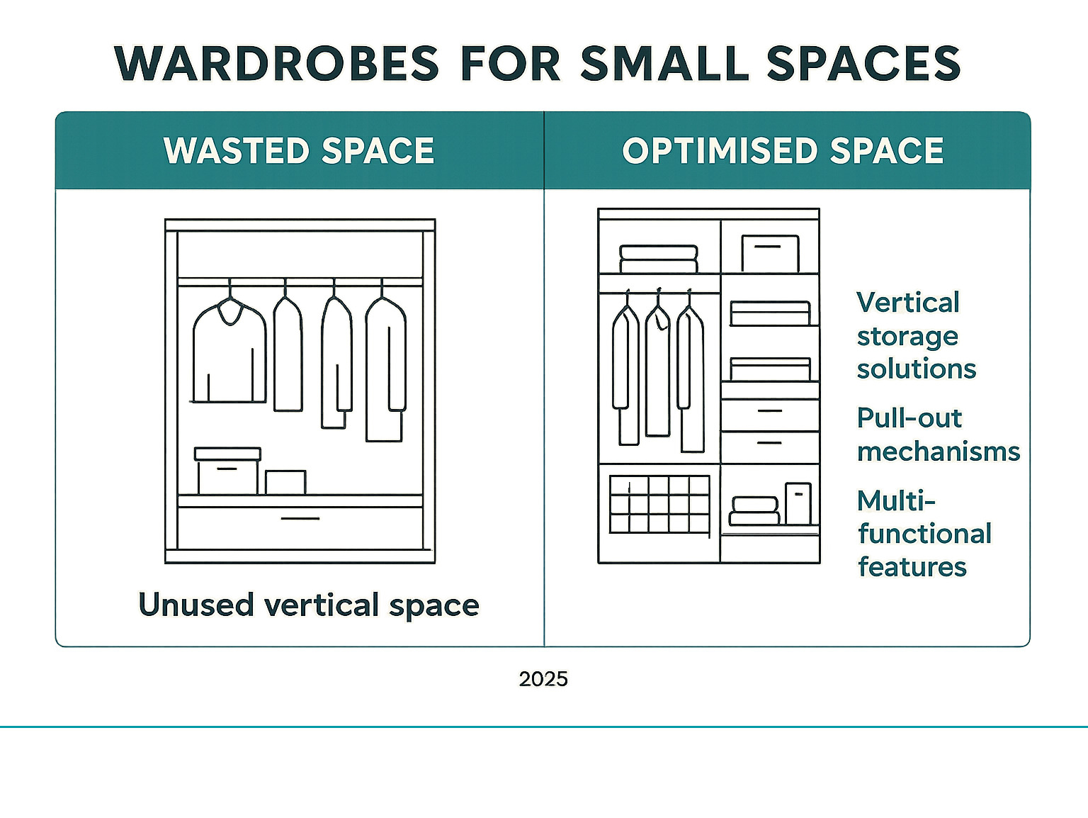 Comparison infographic showing wasted space in standard wardrobes versus optimised space utilisation in custom-designed small space wardrobes, highlighting vertical storage solutions, pull-out mechanisms, and multi-functional features - wardrobes for small spaces infographic 