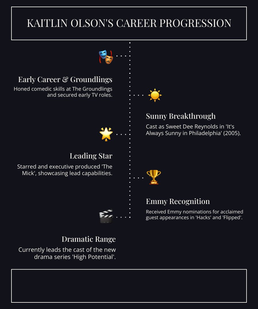 Infographic showing Kaitlin Olson's career progression from The Groundlings training in early 2000s through The Drew Carey Show recurring role, breakthrough with It's Always Sunny in Philadelphia in 2005, starring in The Mick as executive producer, Emmy nominations for Hacks and Flipped, to current lead role in High Potential drama series - kaitlin olson infographic infographic-line-5-steps-dark