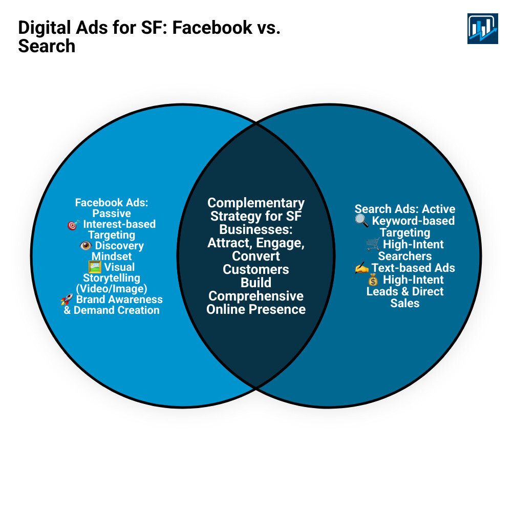 Table comparing Facebook Ads and Search Ads on key features for SF businesses, including Targeting Method (Interest/Behavior vs. Keyword), User Intent (Findy vs. Active Search), Ad Format (Visual/Video vs. Text), and Best For (Brand Awareness/Community vs. High-Intent Leads) - Facebook ads San Francisco infographic venn_diagram