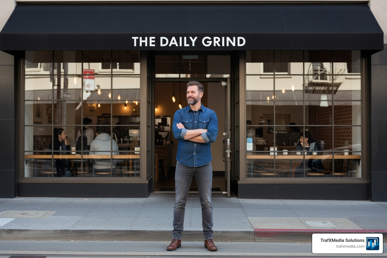 A successful Caucasian male small business owner in his 40s, standing proudly with arms crossed in front of his modern San Francisco coffee shop storefront - Facebook ads San Francisco