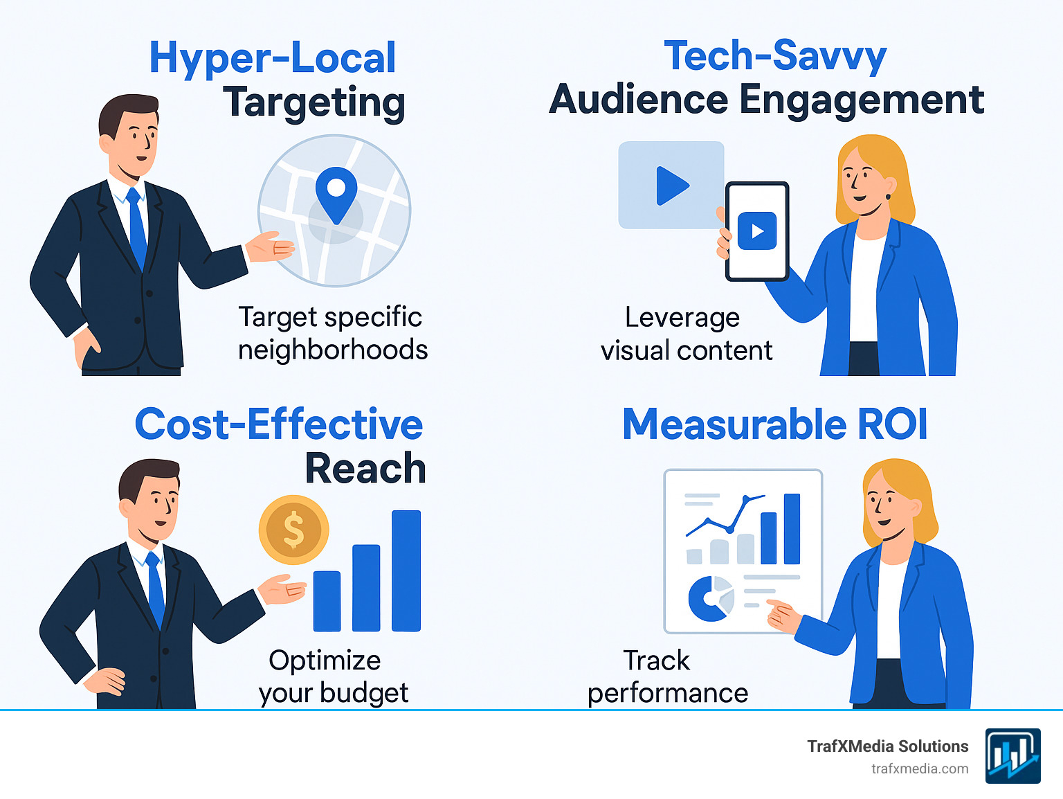 Infographic showing the four key benefits of Facebook Ads for San Francisco businesses: Hyper-Local Targeting with neighborhood-specific reach icons, Tech-Savvy Audience Engagement featuring mobile and visual content symbols, Cost-Effective Reach displaying budget optimization graphics, and Measurable ROI with analytics dashboard elements, all designed with clean modern aesthetics and professional Caucasian business characters - Facebook ads San Francisco infographic 