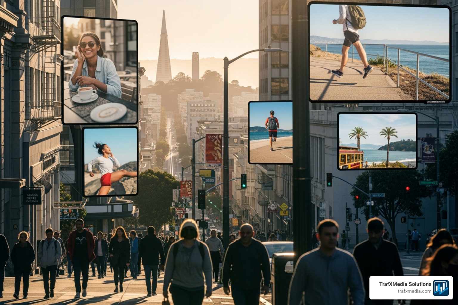 A digital map of San Francisco with glowing targeting circles over specific neighborhoods like the Marina, the Mission, and Pacific Heights - Facebook ads San Francisco