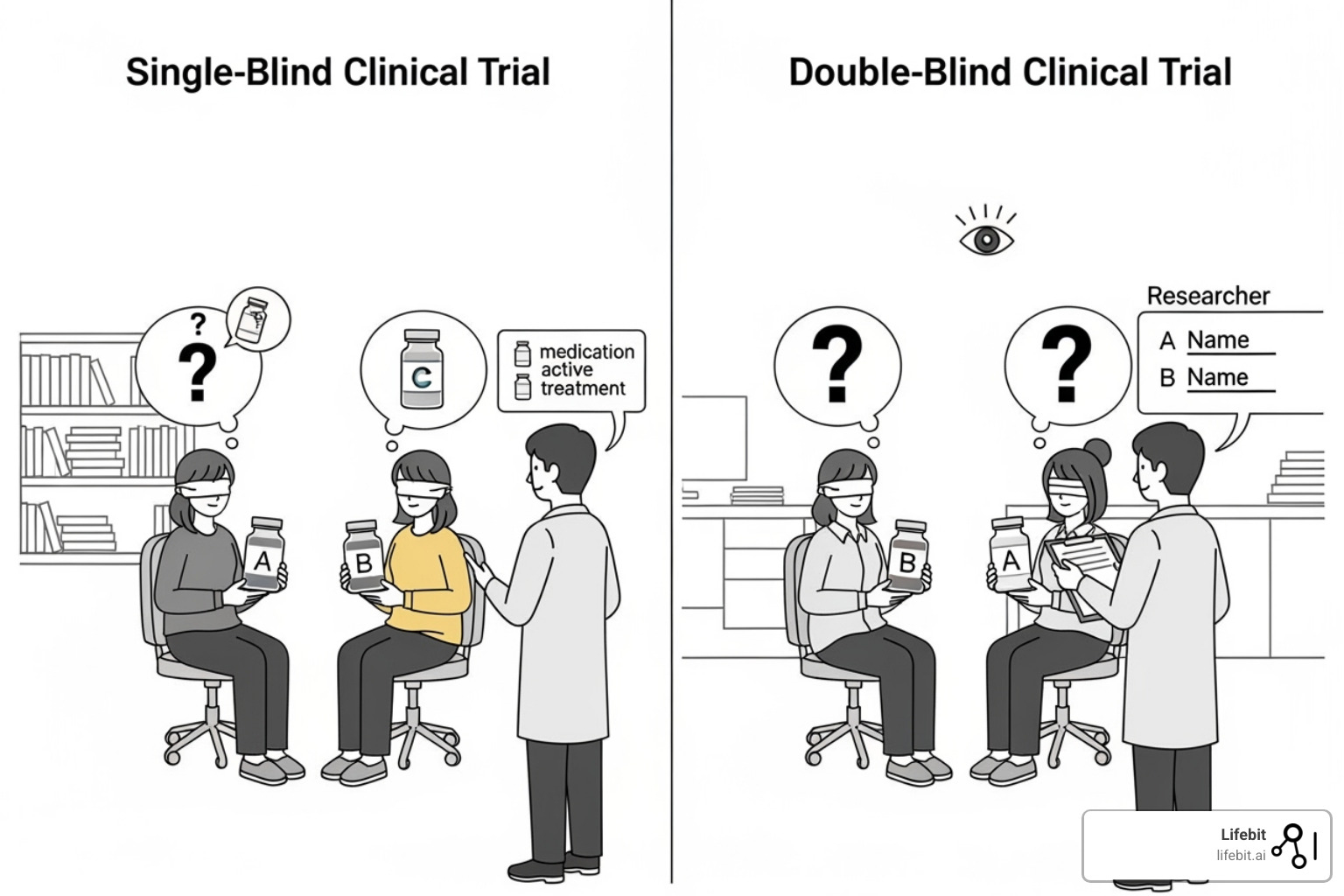 illustrating the difference between a single-blind and double-blind study - clinical data interpretation