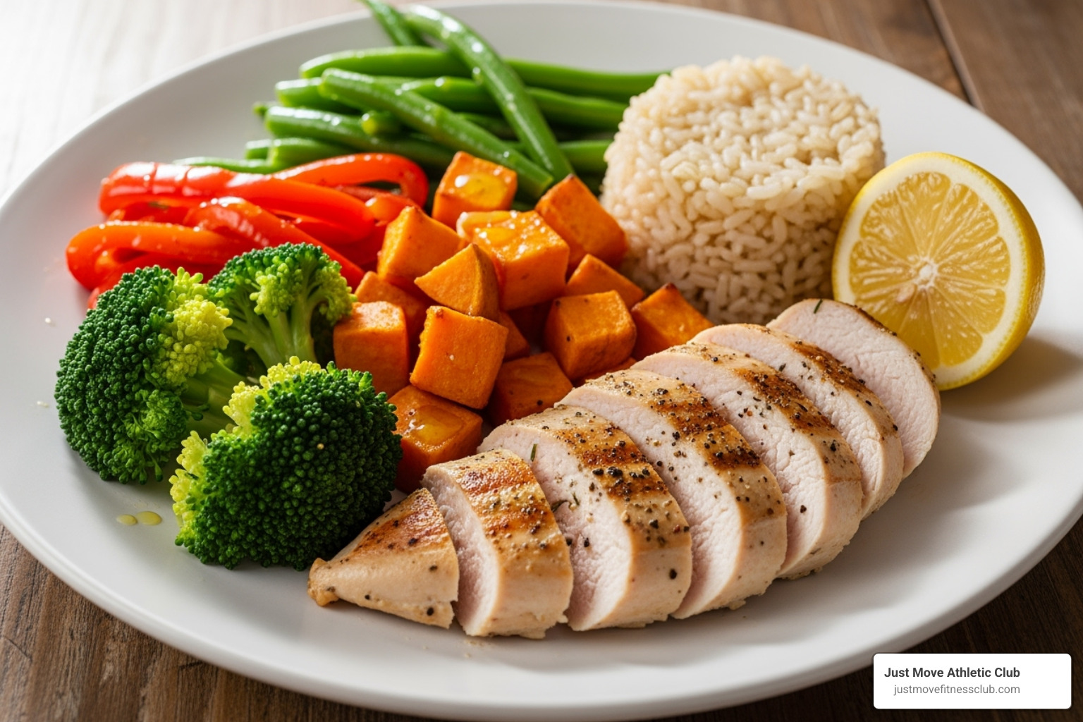 healthy, protein-rich meal with lean meat, vegetables, and complex carbs - muscle building gym