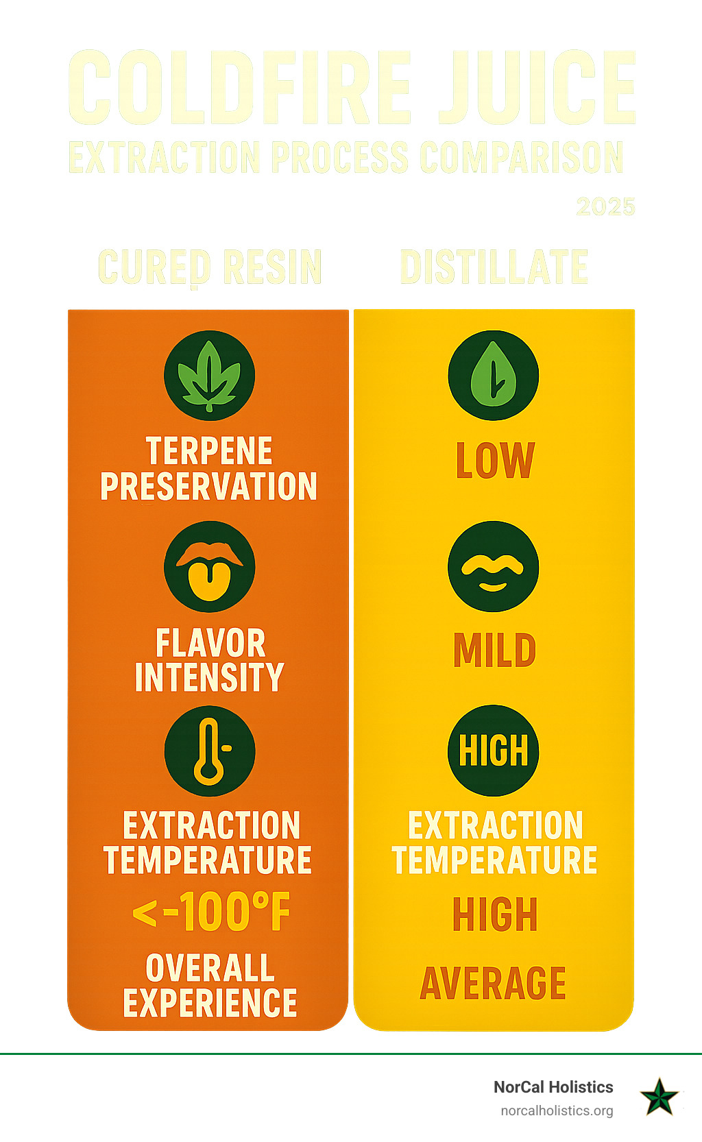 ColdFire Juice extraction process comparison showing cured resin vs distillate differences including terpene preservation, flavor intensity, extraction temperature, and overall experience quality - cold fire juice infographic 