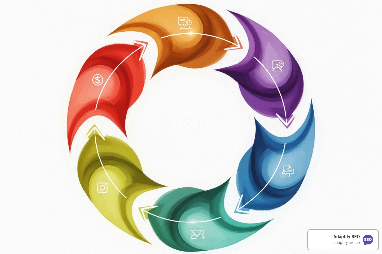 Illustrating the 5-phase circular flow of AI strategy: Vision -> Assessment -> Prioritization -> Roadmap -> Governance -> Iterate - AI strategy formulation