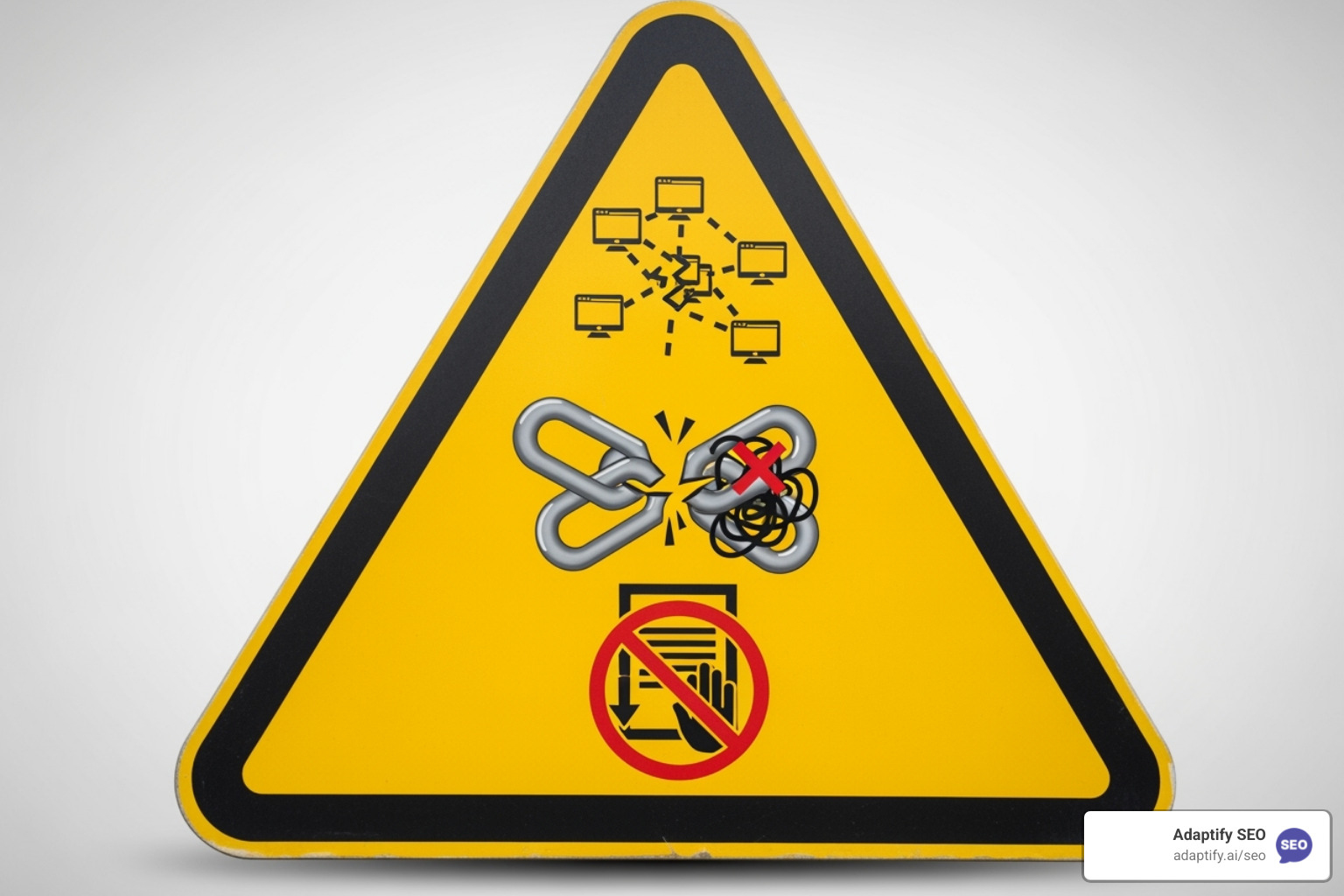 Warning sign with icons for PBNs, spammy links, and penalties - backlinking agency