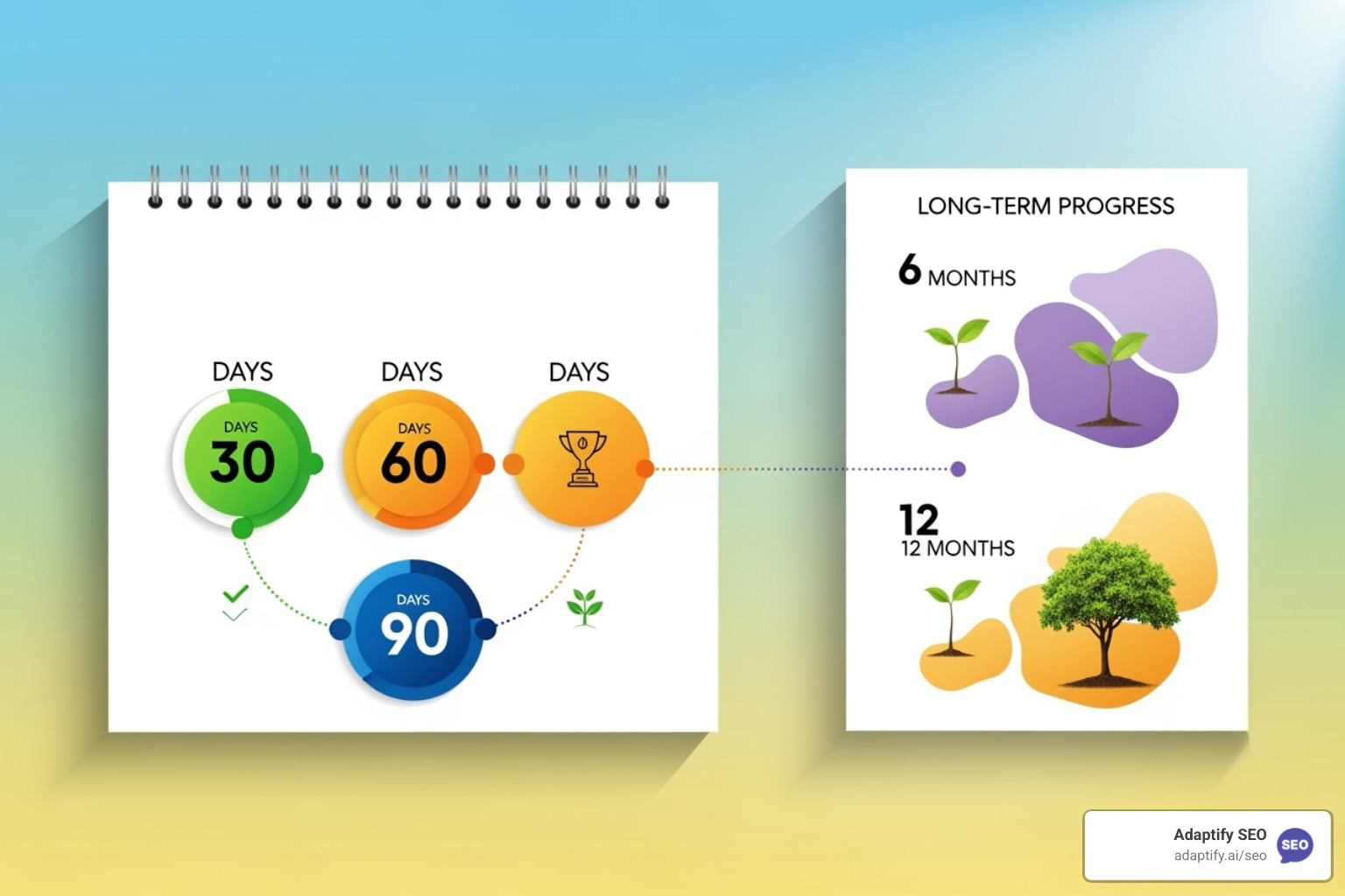 Calendar marking 30, 60, and 90-day milestones, with further growth indicated at 6 and 12 months - indianapolis seo
