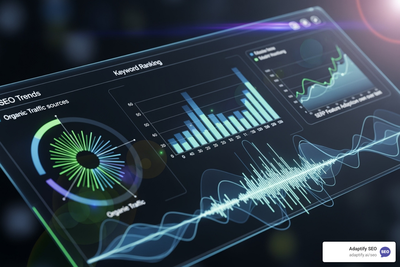 Futuristic interface showing predictive SEO trends and voice search waves - AI driven SEO