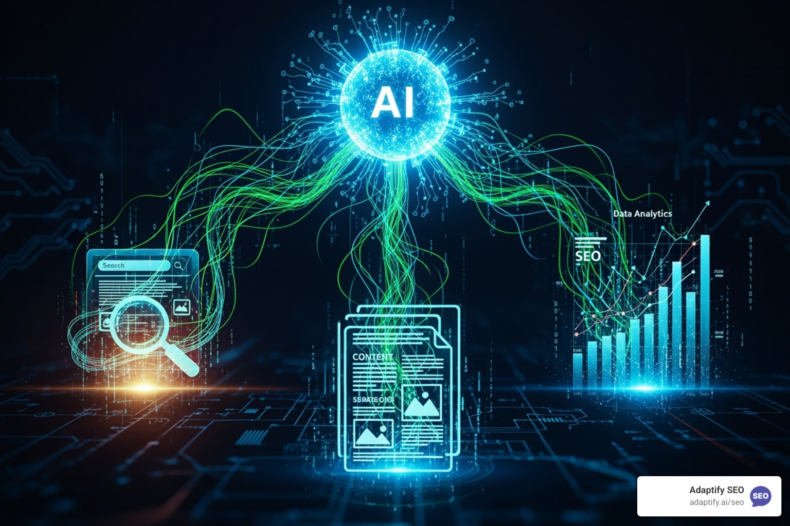 Flowchart showing AI integrating into different SEO tasks like keyword research, content, and analytics - AI driven SEO