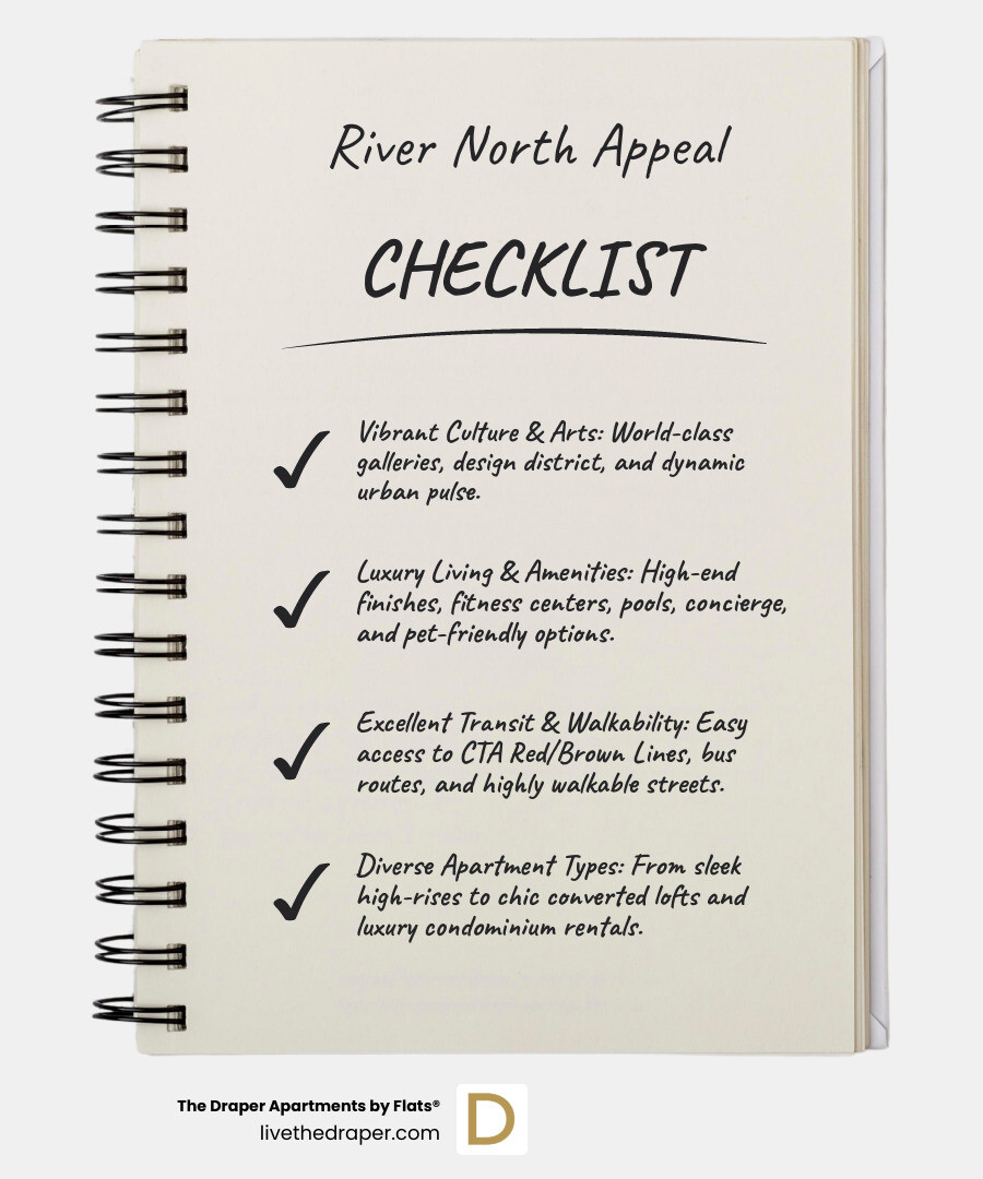 Infographic outlining the distinctive features of River North for apartment living, including its vibrant cultural scene, diverse dining and nightlife options, excellent transportation links, and range of luxury residential styles. - 2 bed apartments river north infographic checklist-notebook