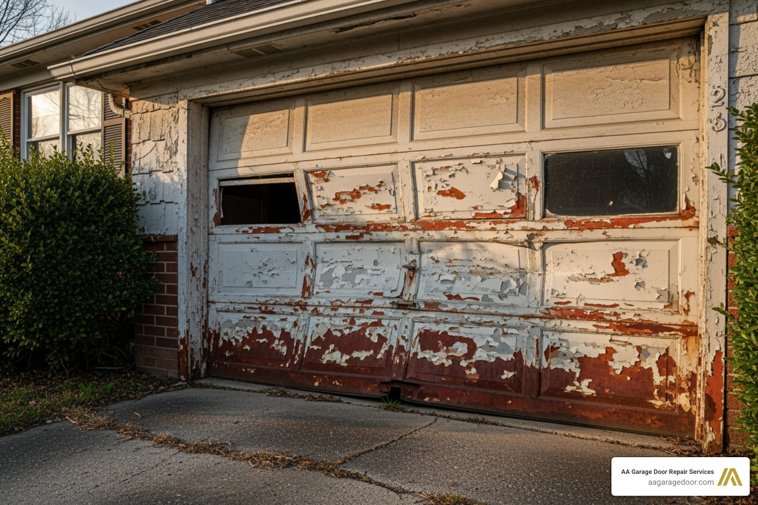 visibly old, dented, and rusted garage door - garage door installation cost