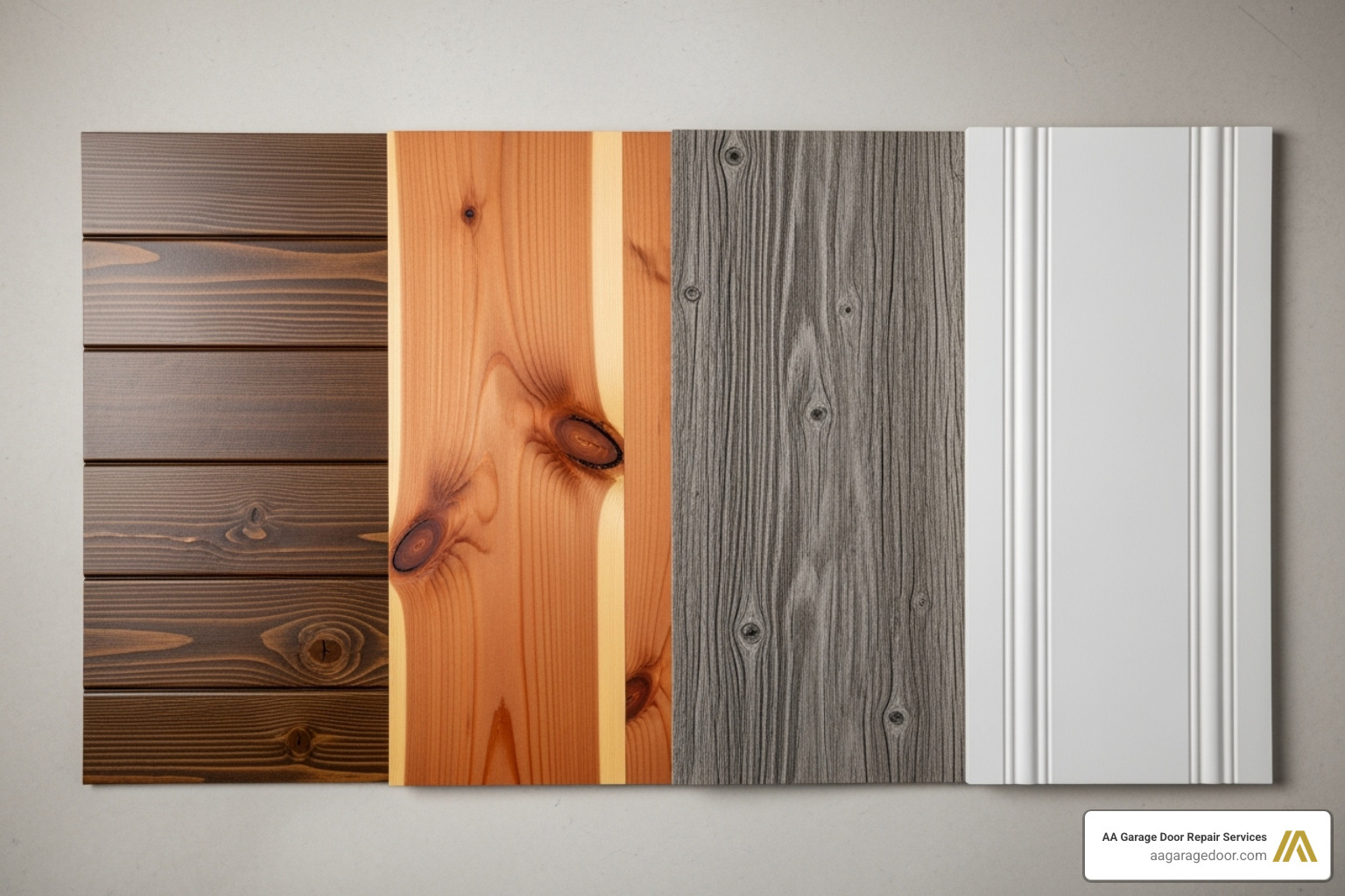 swatches of different garage door materials like steel, wood, and composite - garage door installation cost