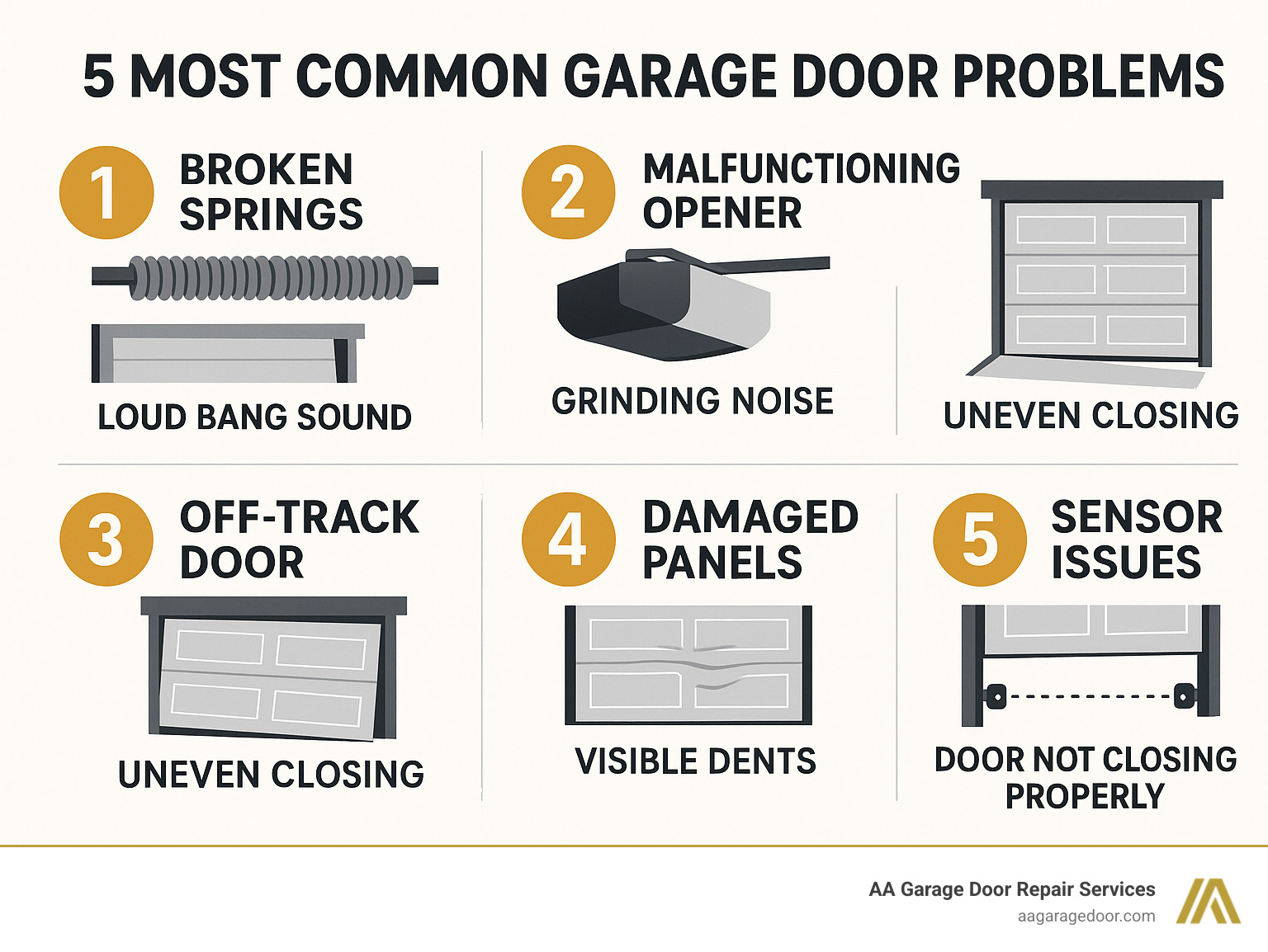 Infographic showing the 5 most common garage door problems: broken springs with loud bang sound, malfunctioning opener with grinding noise, off-track door with uneven closing, damaged panels with visible dents, and sensor issues with door not closing properly - garage door repair near me infographic 