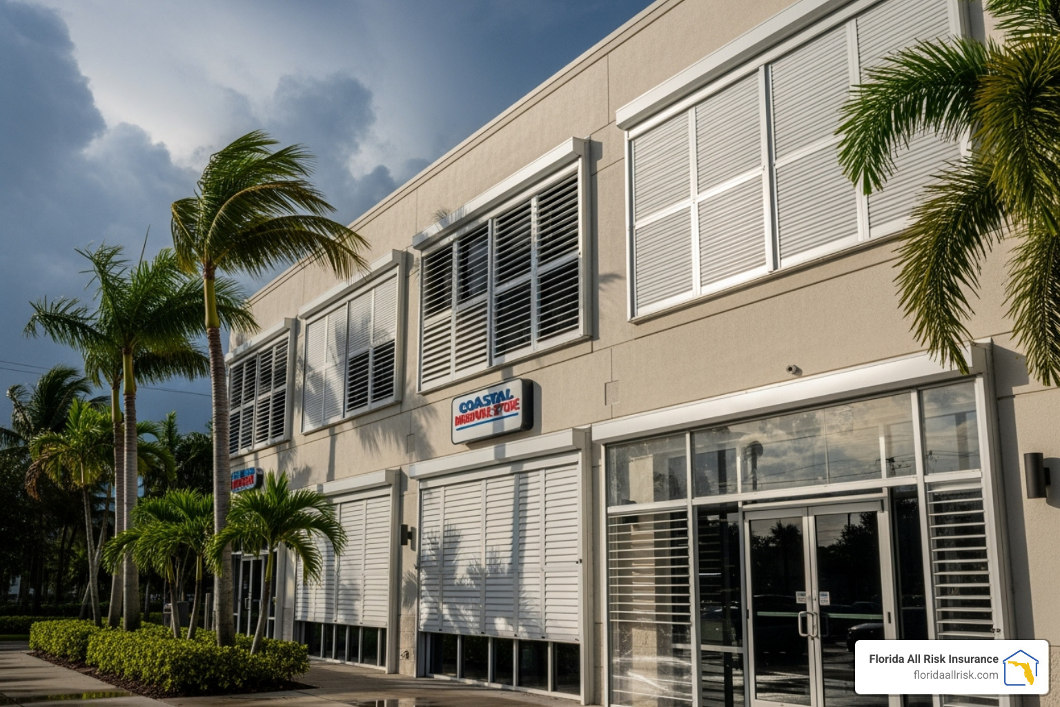 commercial building with storm shutters, hinting at Florida's weather preparedness - commercial insurance St. Petersburg FL commercial building with storm shutters, hinting at Florida's weather preparedness - commercial insurance St. Petersburg FL