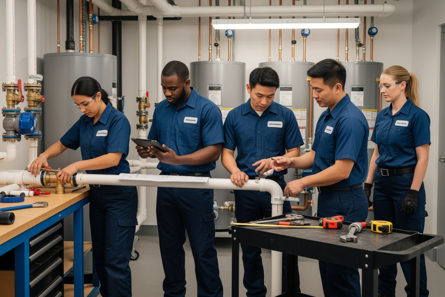 Diverse team of plumbers collaborating - Hiring Veterans for Your Plumbing Business