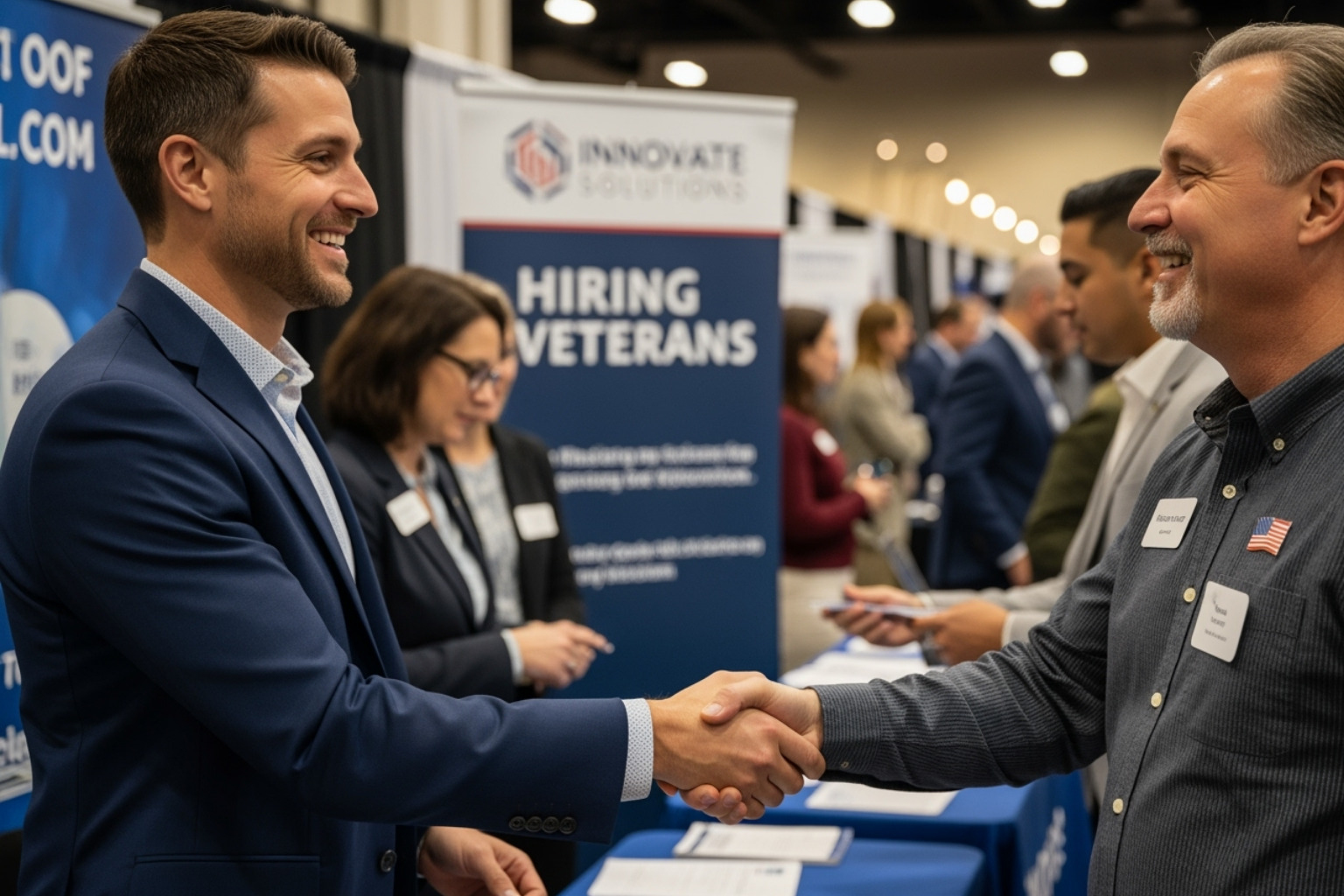 Business owner shaking hands with a new hire at a veteran-focused job fair - Hiring Veterans for Your Plumbing Business