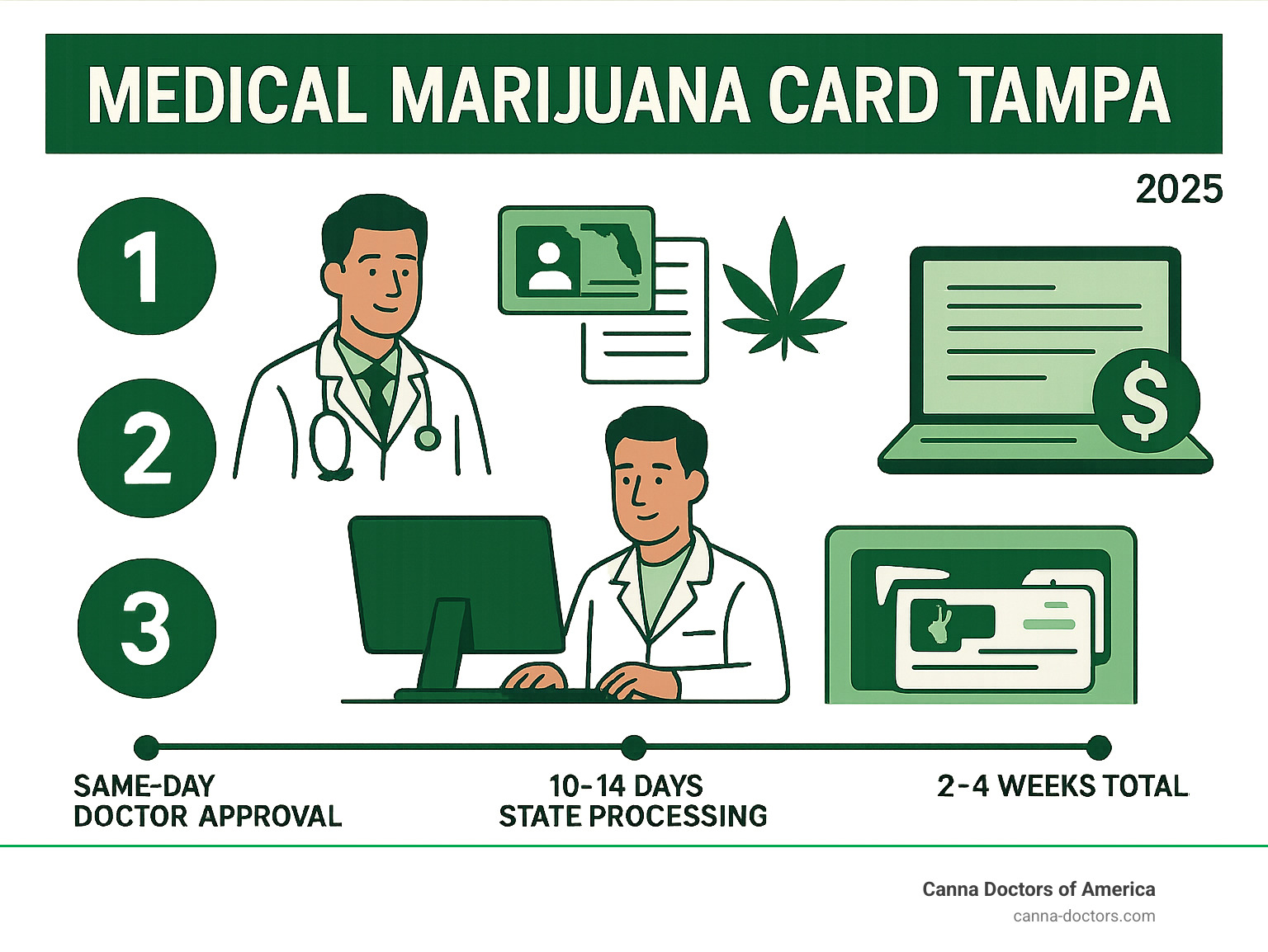Step-by-step infographic showing the 3-step process for getting a medical marijuana card in Tampa: Step 1 - Find certified doctor and gather documents (Florida ID, medical records), Step 2 - Medical evaluation and same-day approval with MMUR entry, Step 3 - Complete state application online with $75 fee. Timeline shows same-day doctor approval, 10-14 days for state processing, and total 2-4 weeks for physical card delivery - medical marijuana card Tampa infographic 